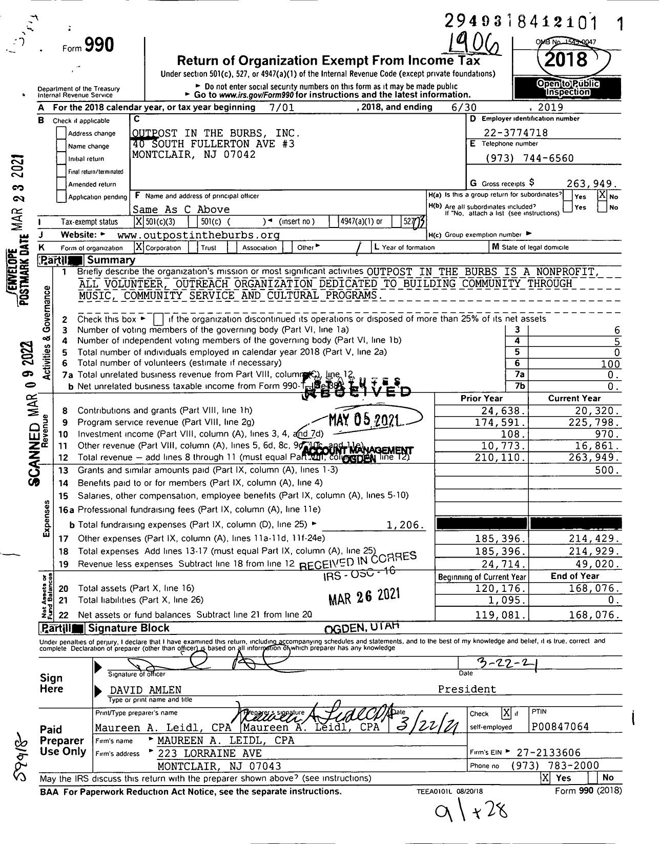 Image of first page of 2018 Form 990 for Outpost in the Burbs