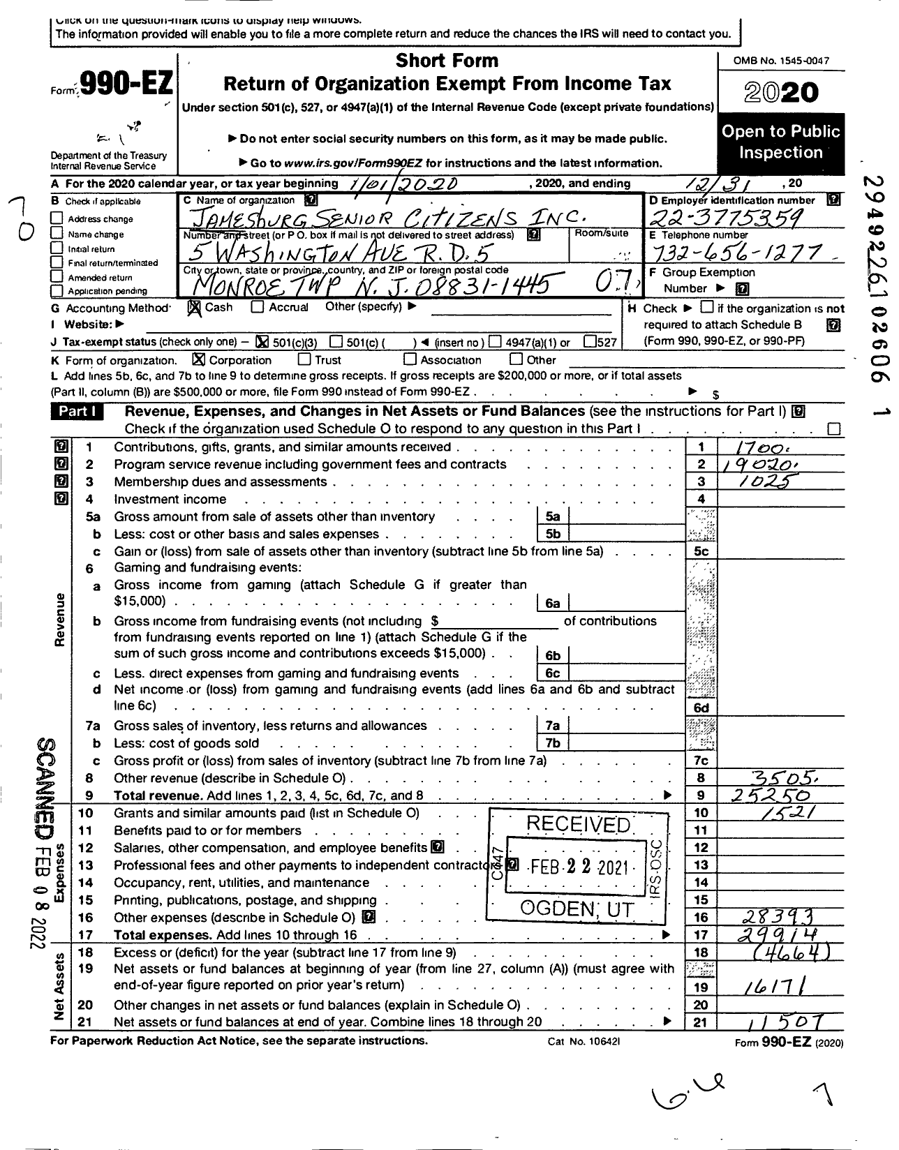 Image of first page of 2020 Form 990EO for Jamesburg Senior Citizens