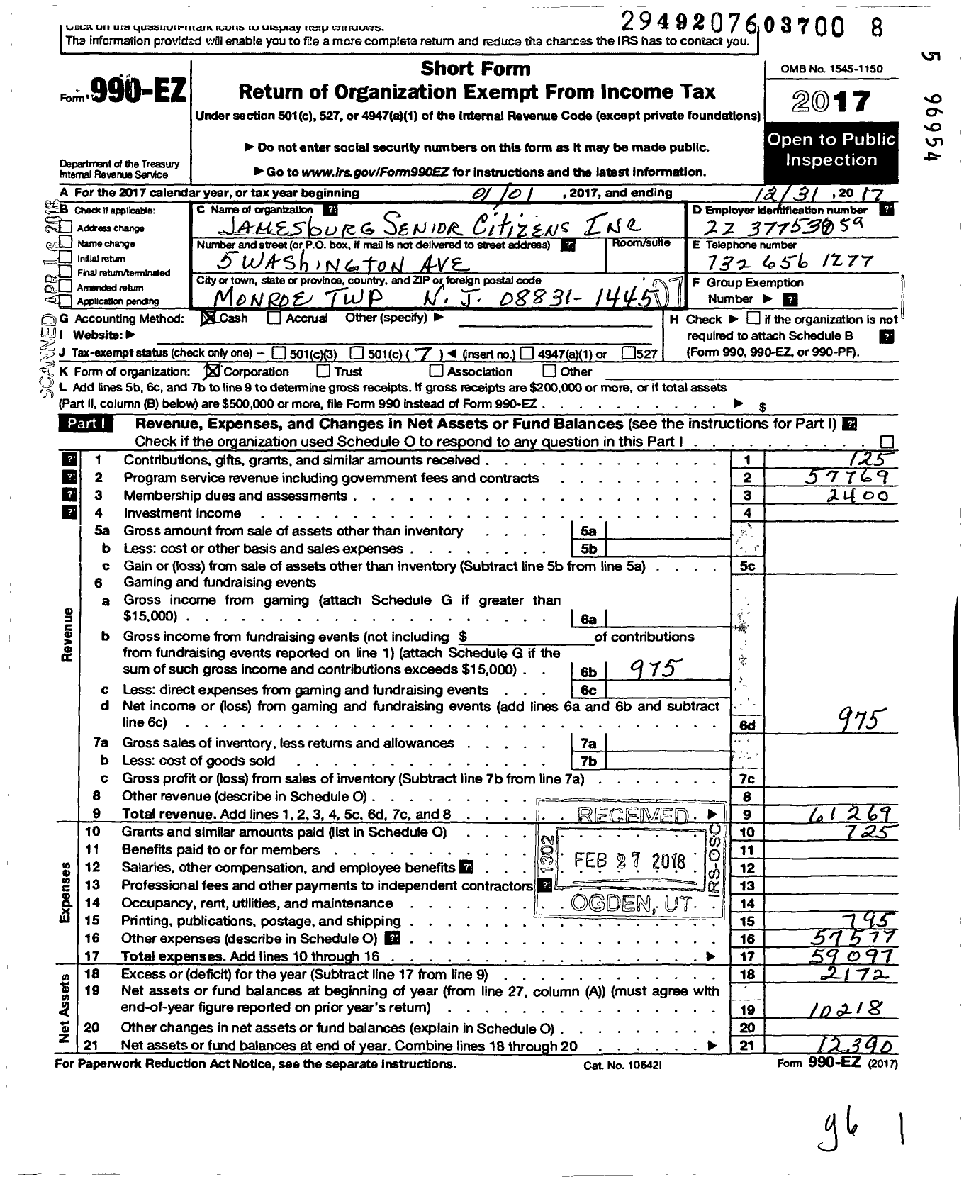 Image of first page of 2017 Form 990EO for Jamesburg Senior Citizens