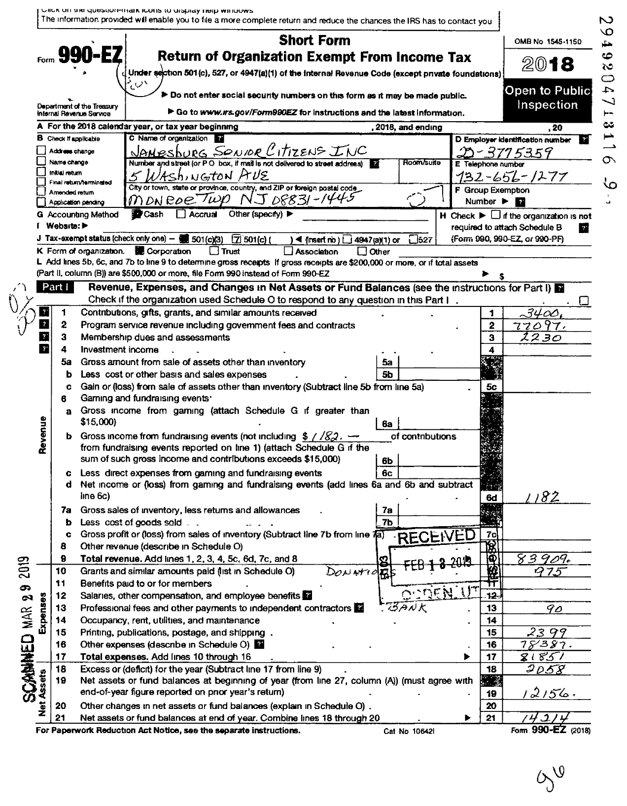 Image of first page of 2018 Form 990EO for Jamesburg Senior Citizens