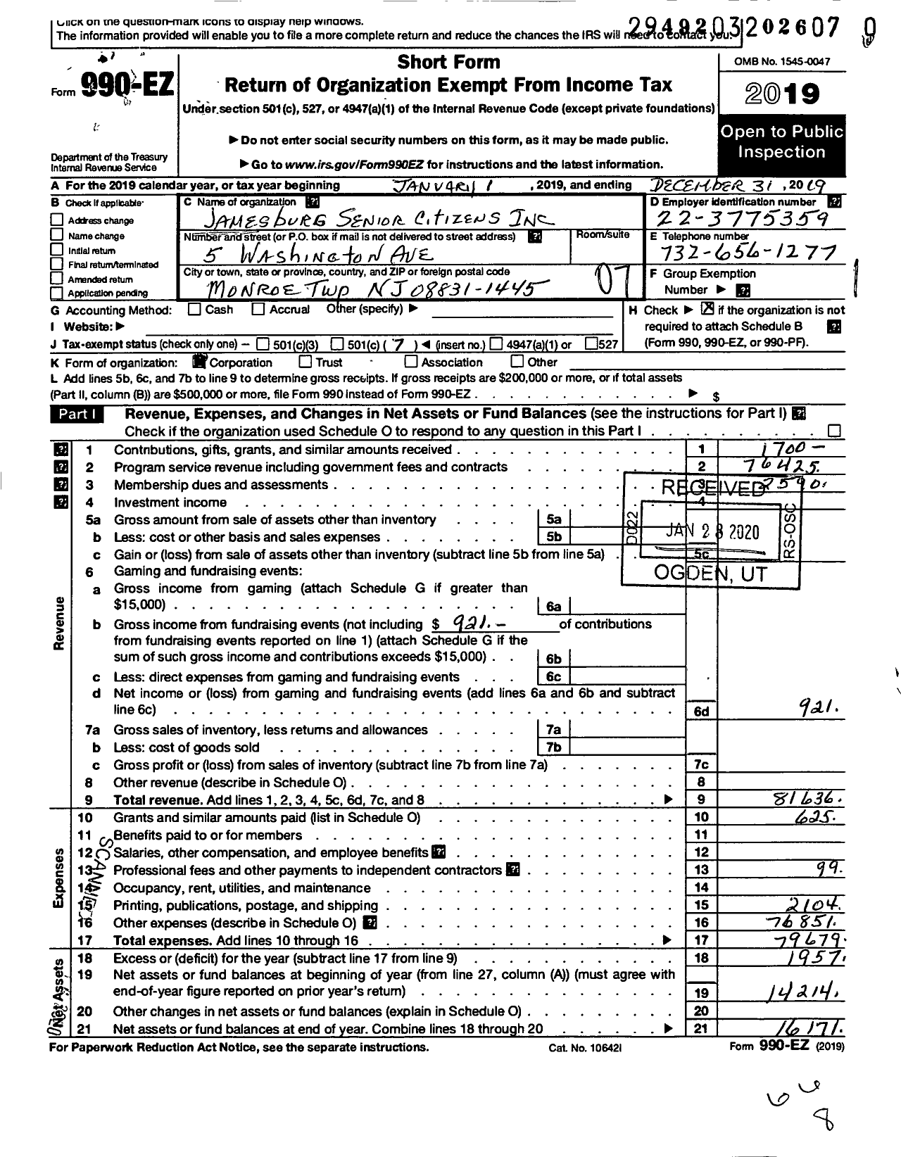 Image of first page of 2019 Form 990EO for Jamesburg Senior Citizens