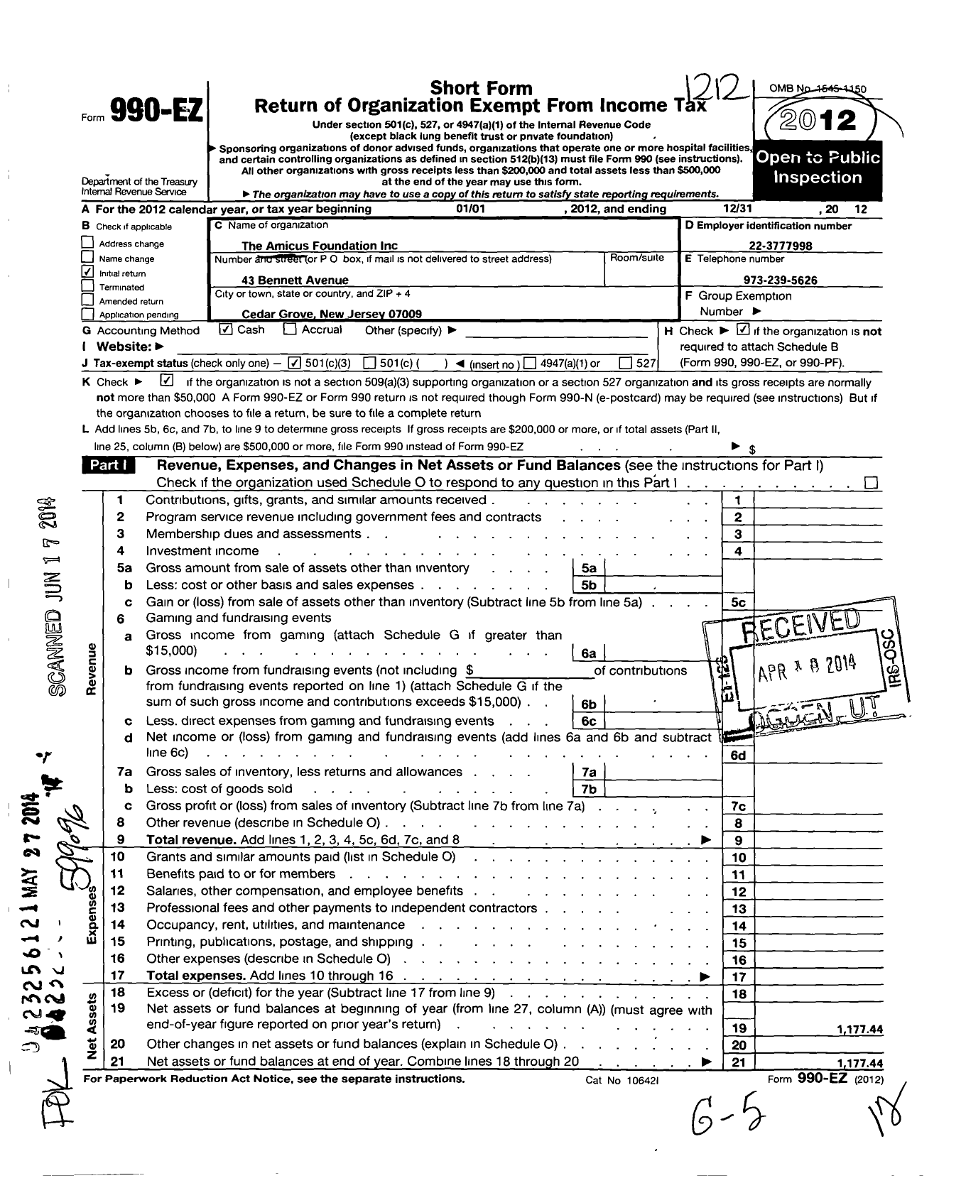 Image of first page of 2012 Form 990EZ for Amicus Foundation