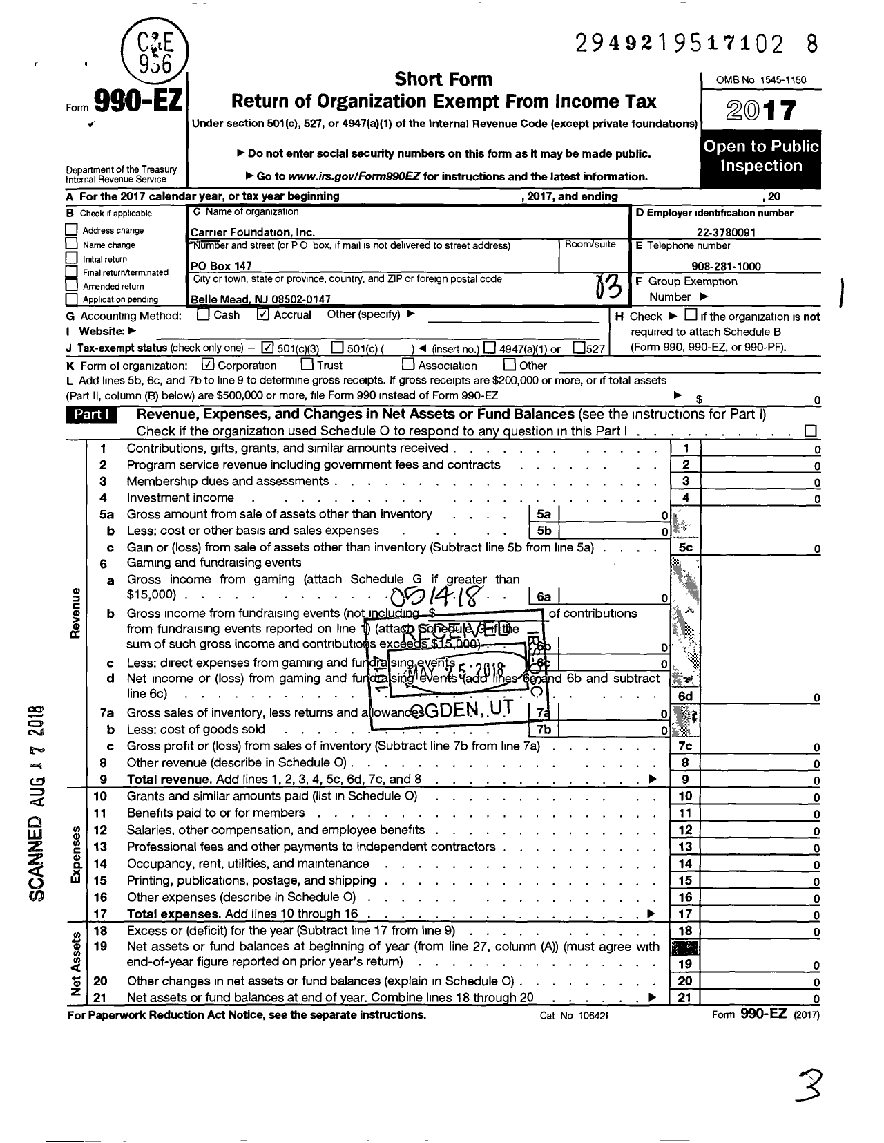 Image of first page of 2017 Form 990EZ for Carrier Foundation