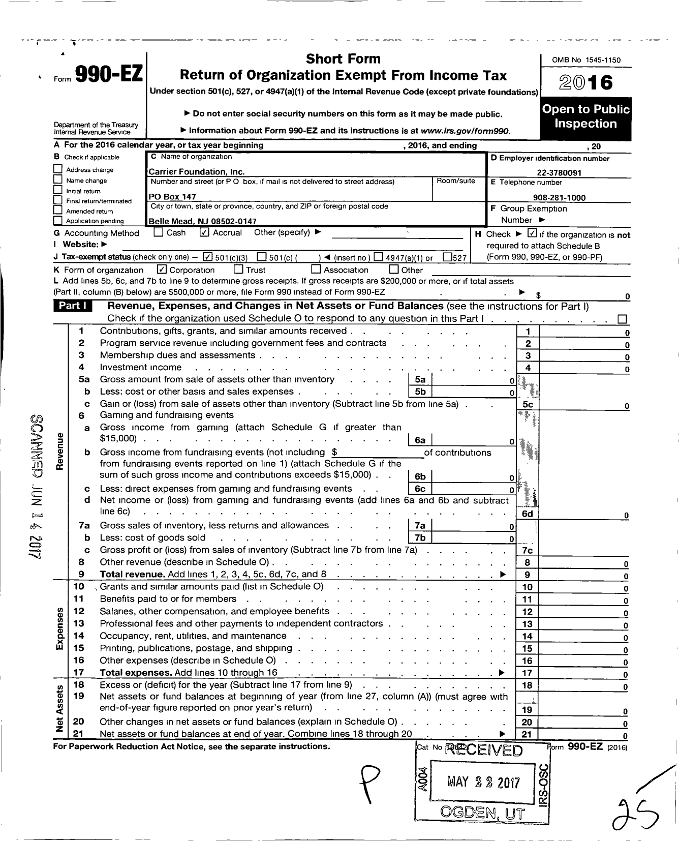 Image of first page of 2016 Form 990EZ for Carrier Foundation