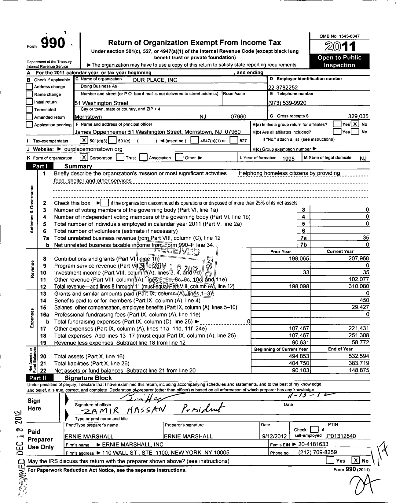 Image of first page of 2011 Form 990 for Our Place / A New Jersey Corp