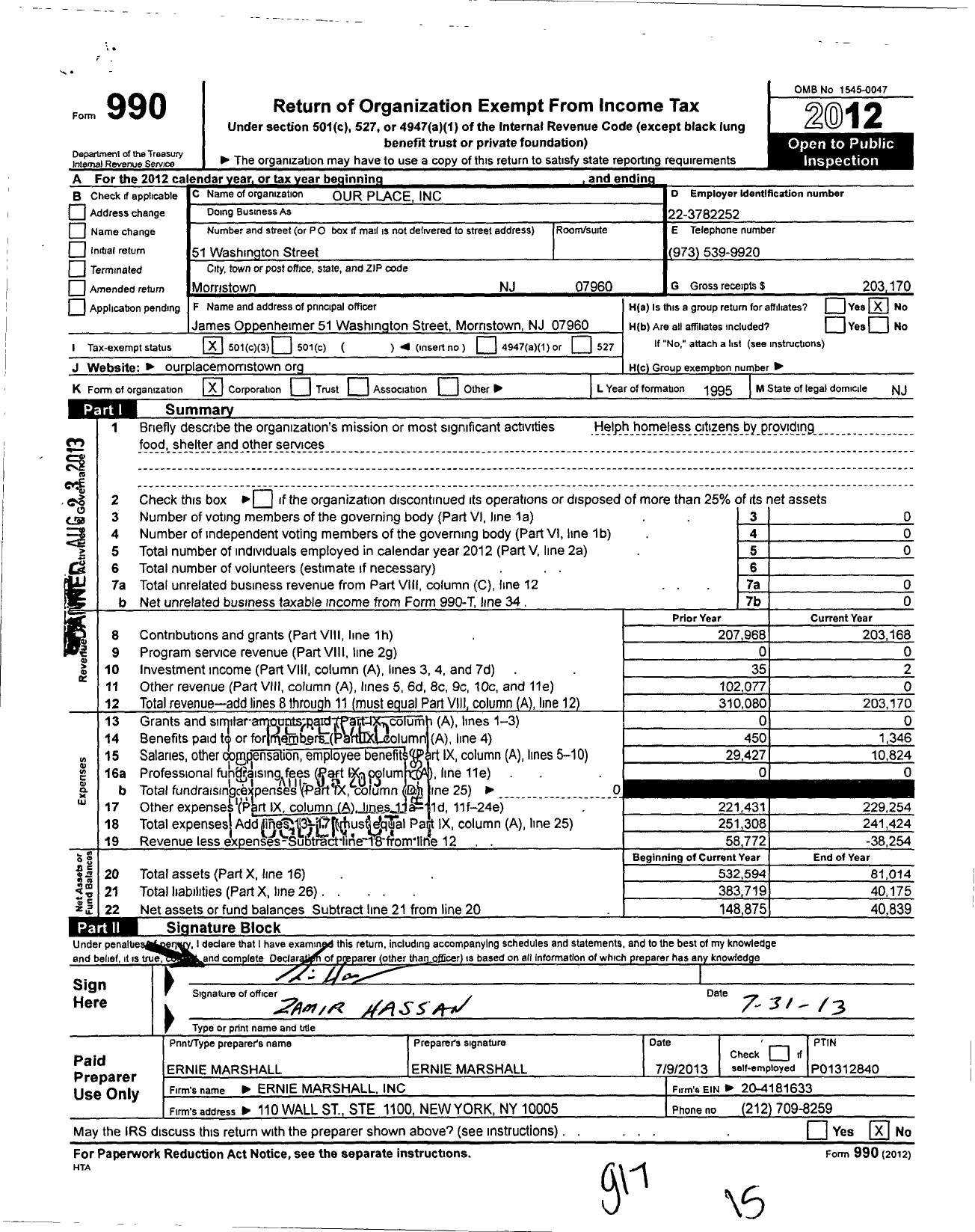 Image of first page of 2012 Form 990 for Our Place / A New Jersey Corp