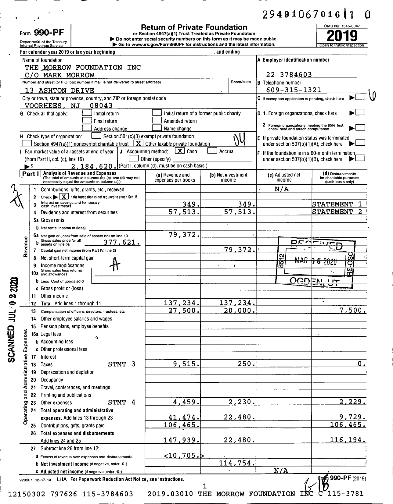 Image of first page of 2019 Form 990PR for The Morrow Foundation