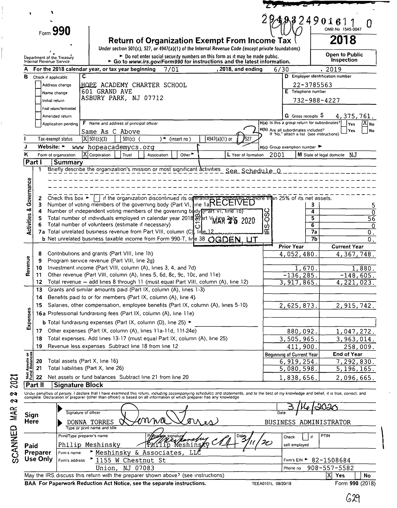 Image of first page of 2018 Form 990 for Hope Academy Charter School (HACS)