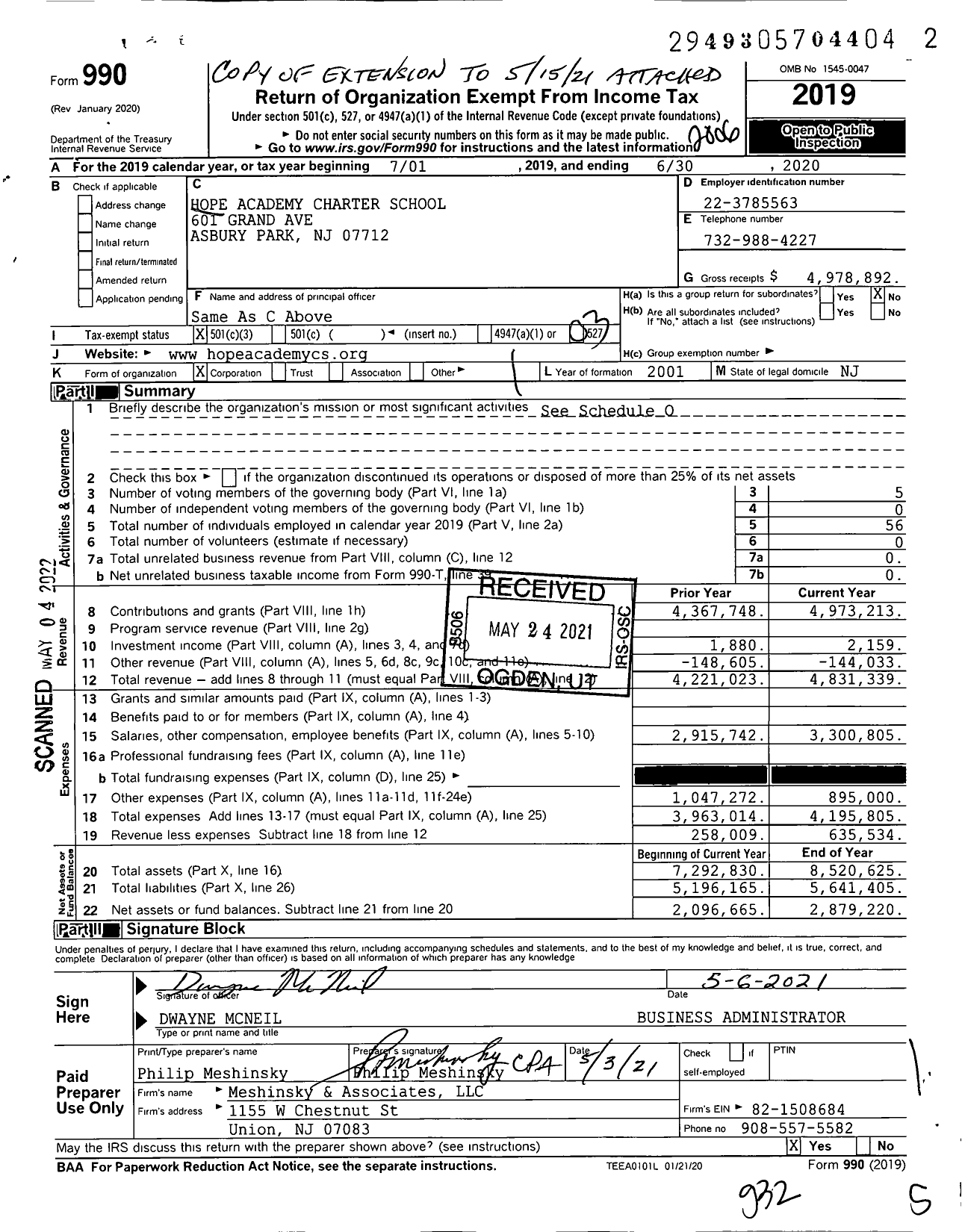 Image of first page of 2019 Form 990 for Hope Academy Charter School (HACS)