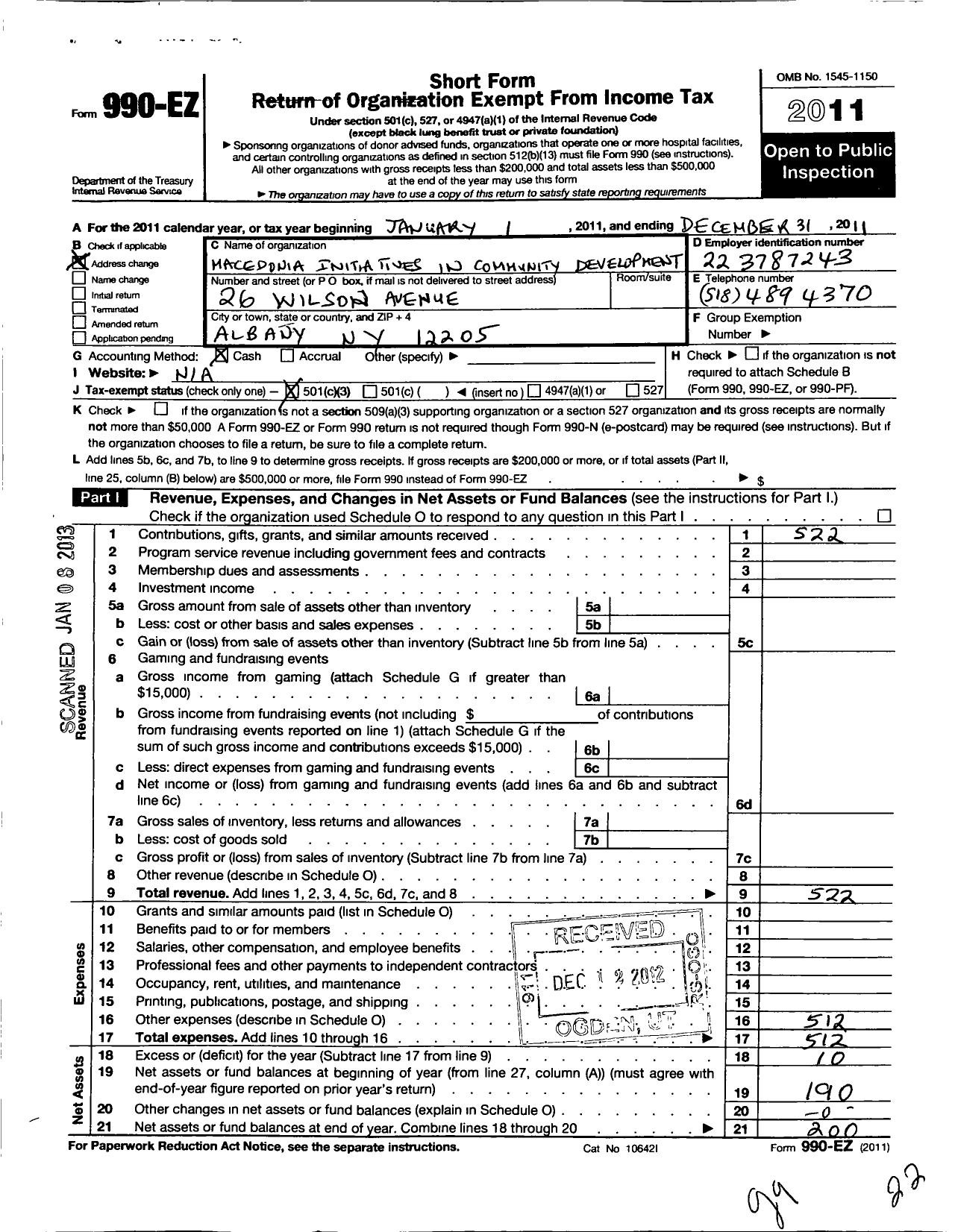 Image of first page of 2011 Form 990EZ for Macedonia Initiatives in Community Development