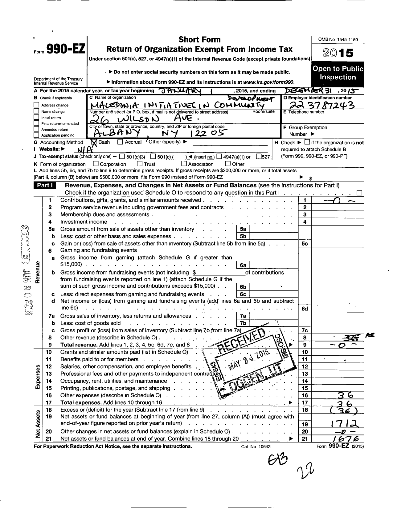 Image of first page of 2015 Form 990EO for Macedonia Initiatives in Community Development