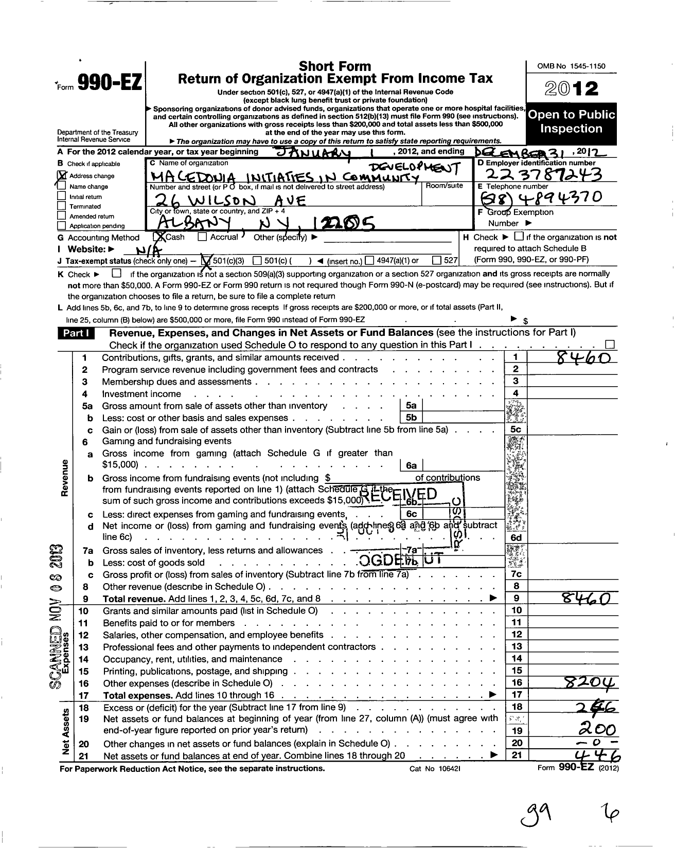 Image of first page of 2012 Form 990EZ for Macedonia Initiatives in Community Development