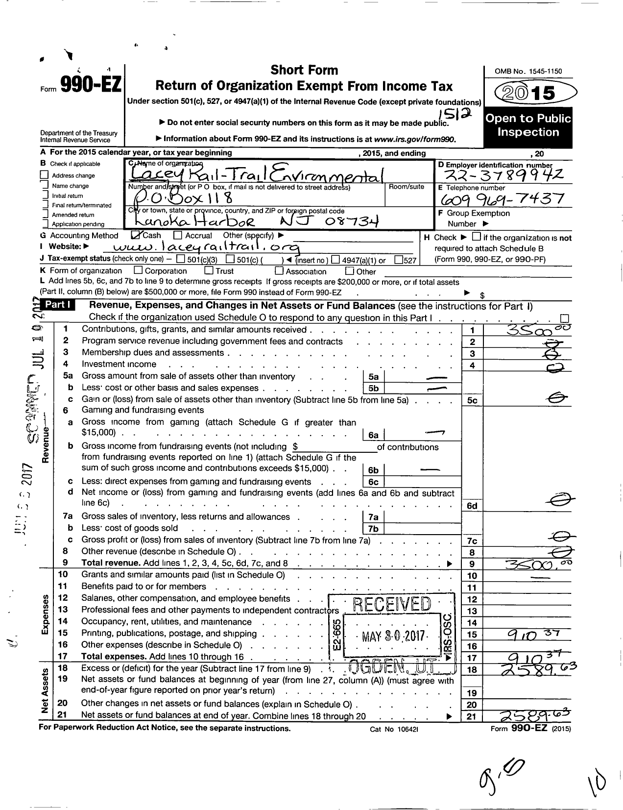 Image of first page of 2015 Form 990EO for Barnegat Branch Rail Trail Alliance