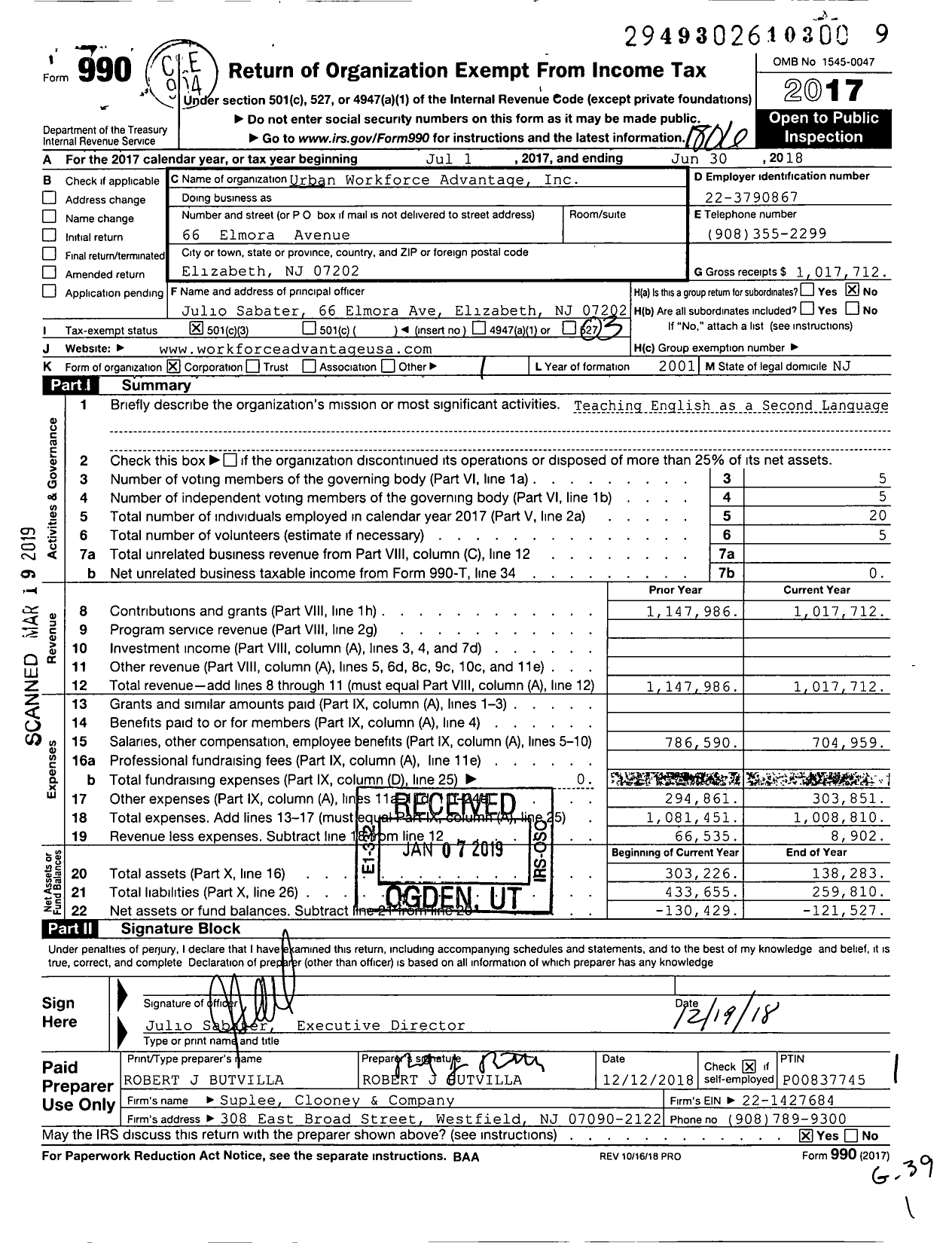 Image of first page of 2017 Form 990 for Workforce Advantage