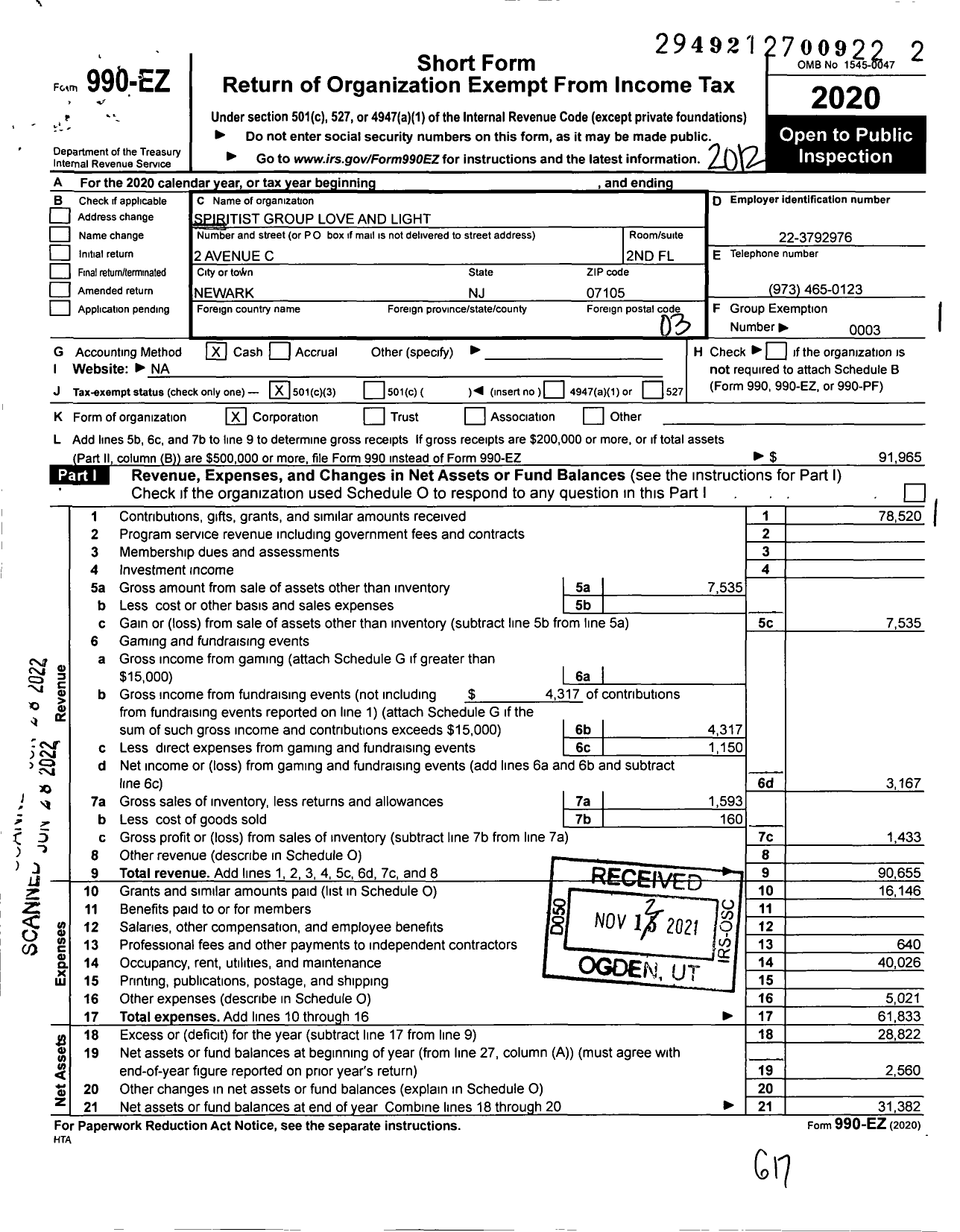 Image of first page of 2020 Form 990EZ for Spiritist Group Love and Light