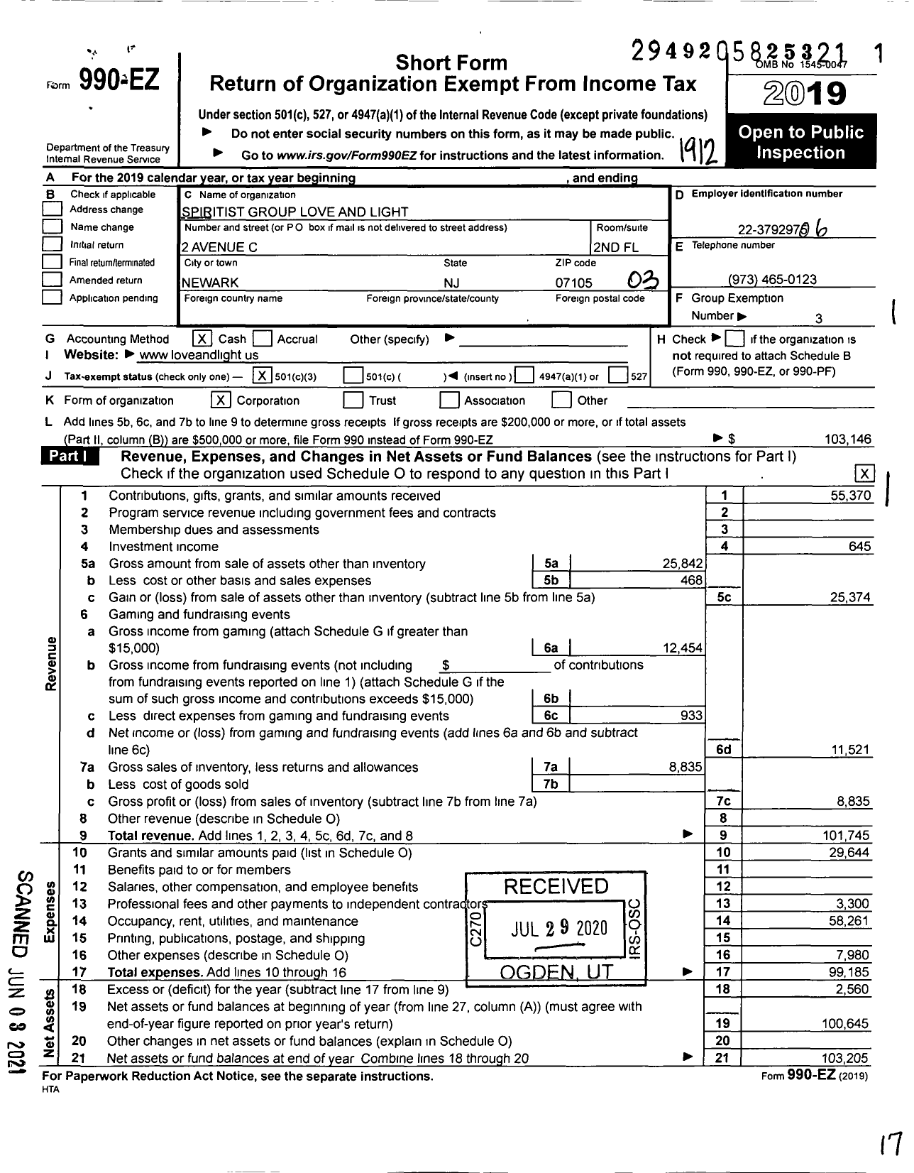 Image of first page of 2019 Form 990EZ for Spiritist Group Love and Light