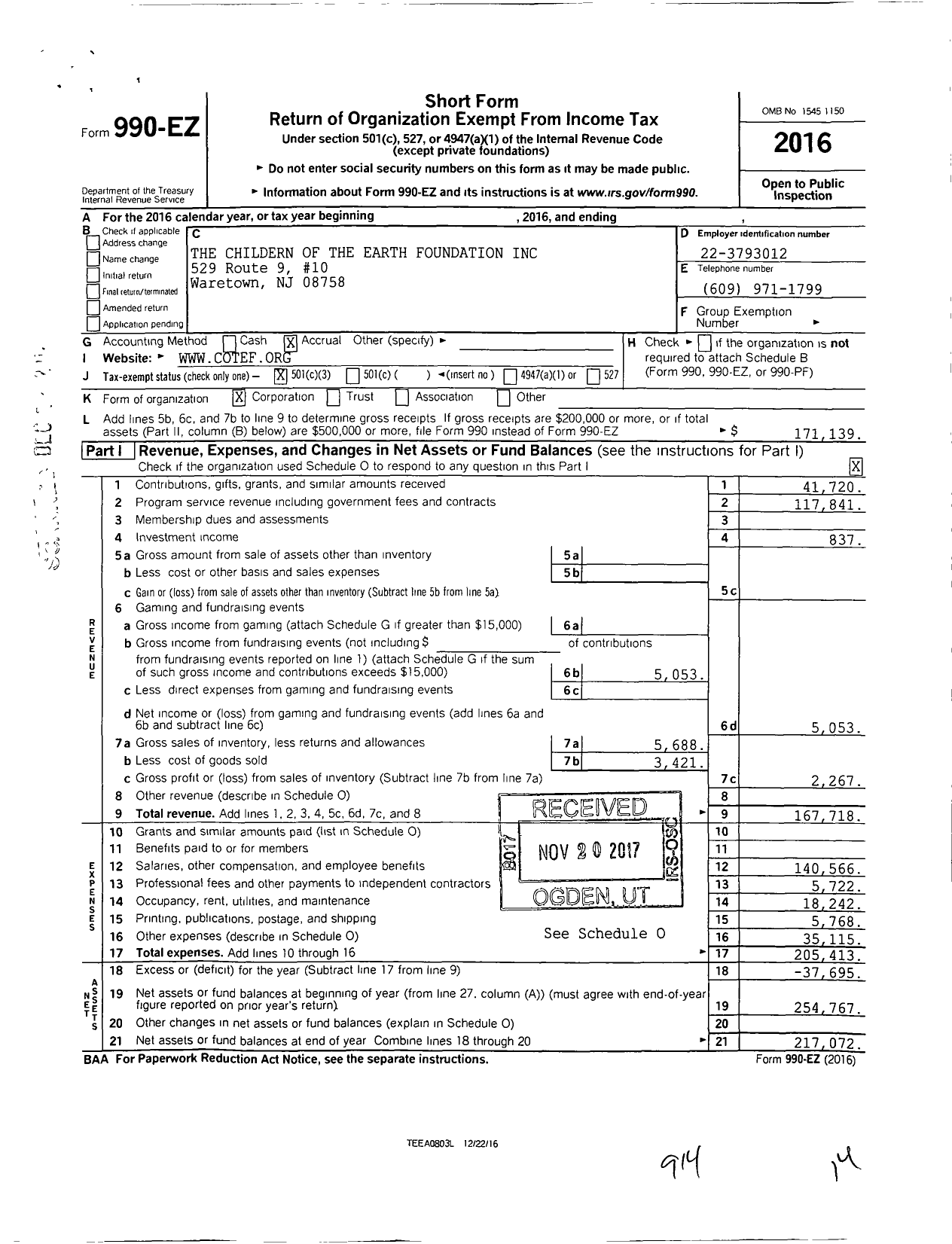 Image of first page of 2016 Form 990EZ for The Children of the Earth Foundation