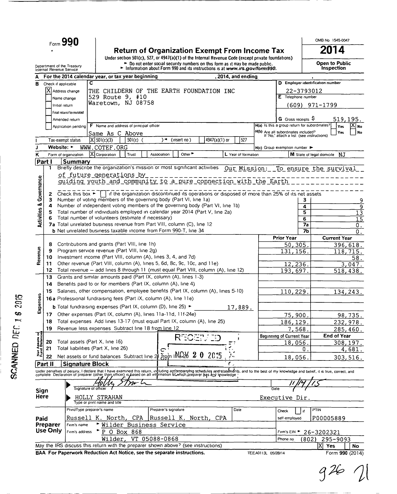 Image of first page of 2014 Form 990 for The Children of the Earth Foundation