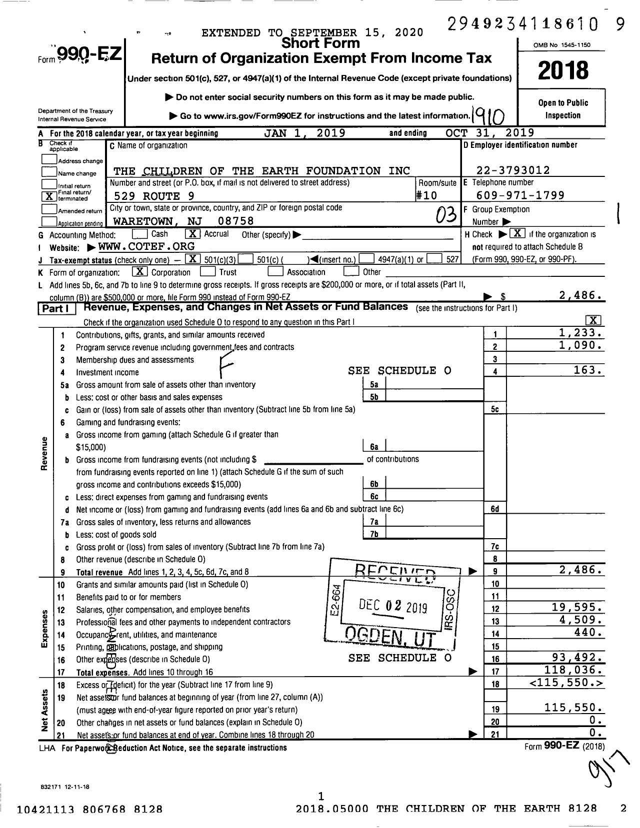 Image of first page of 2018 Form 990EZ for The Children of the Earth Foundation