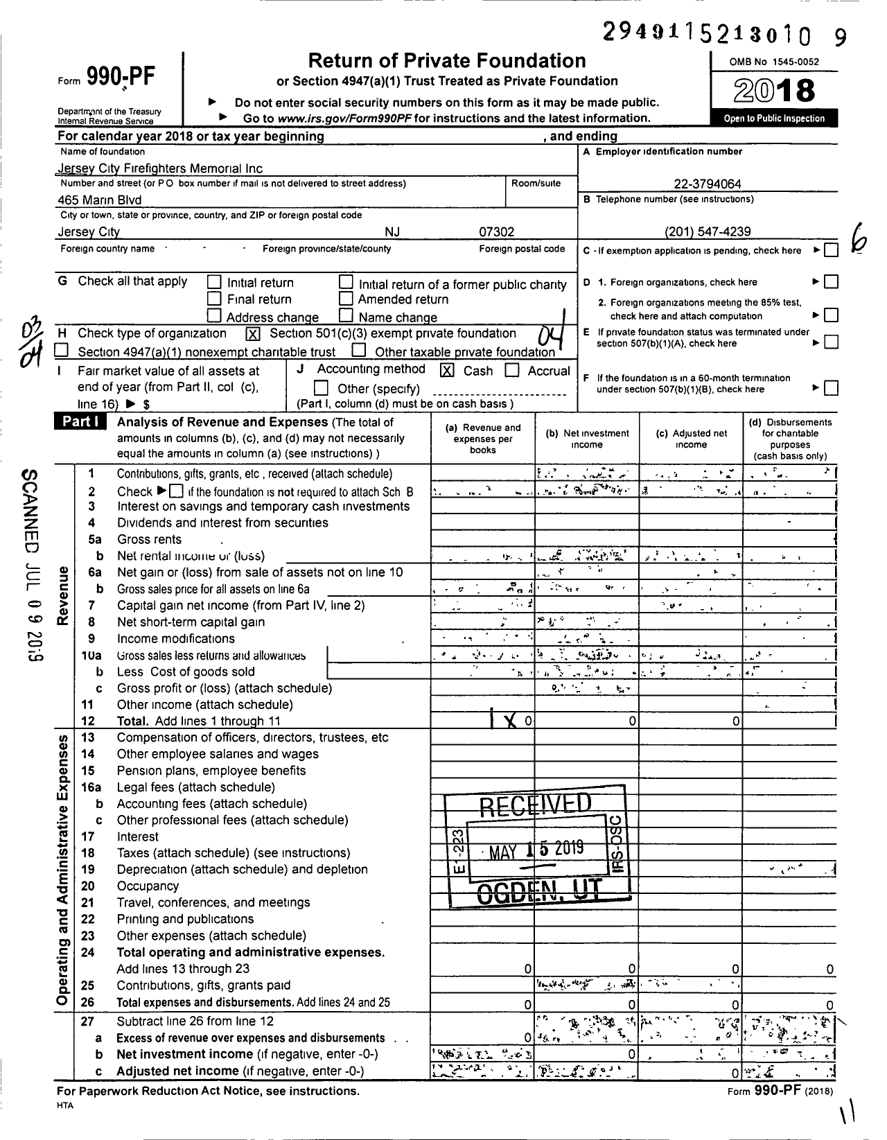 Image of first page of 2018 Form 990PF for Jersey City Firefighters Memorial