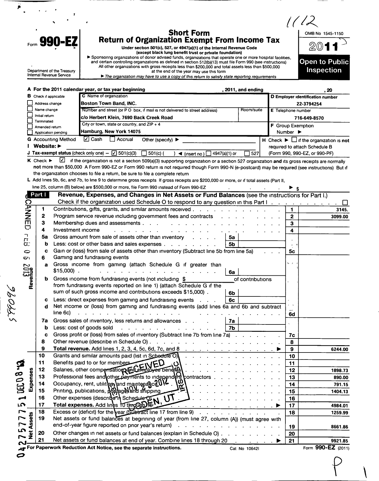 Image of first page of 2011 Form 990EZ for Boston Town Band