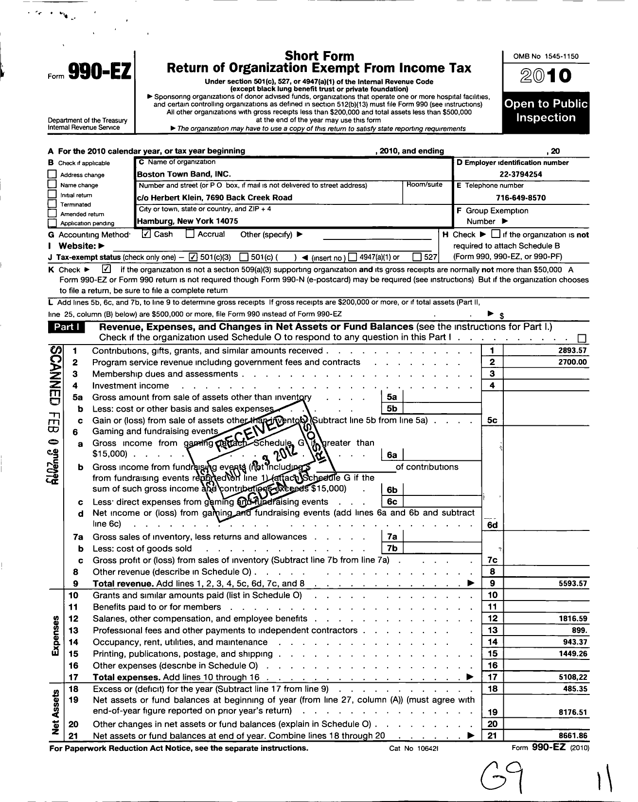 Image of first page of 2010 Form 990EZ for Boston Town Band