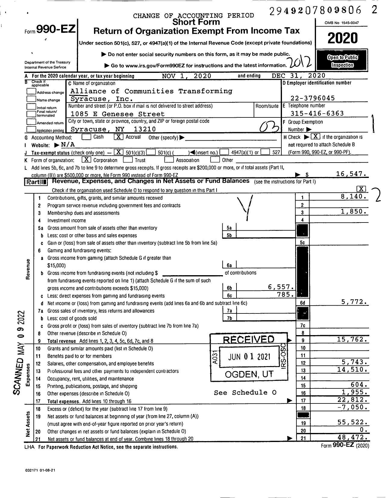 Image of first page of 2020 Form 990EZ for Alliance of Communities Transforming Syracuse (ACTS)