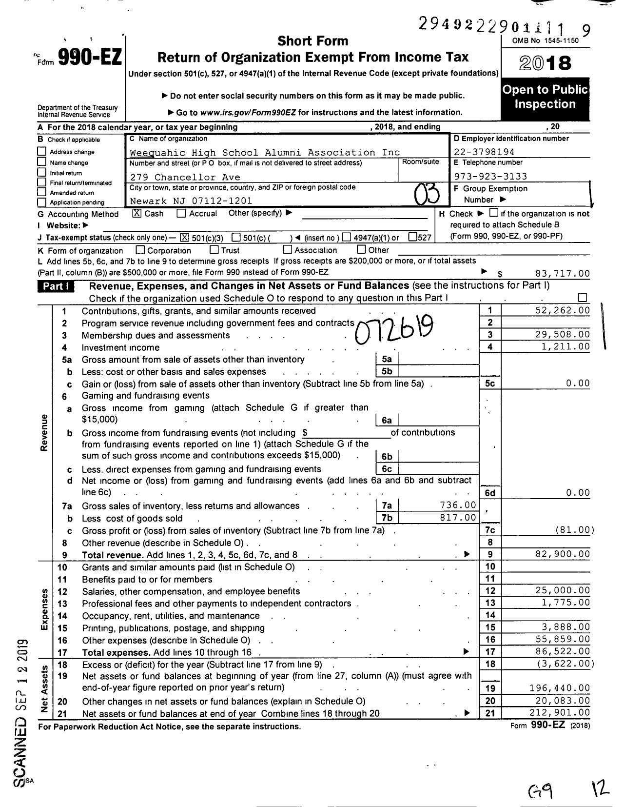 Image of first page of 2018 Form 990EZ for Weequahic High School Alumni Association