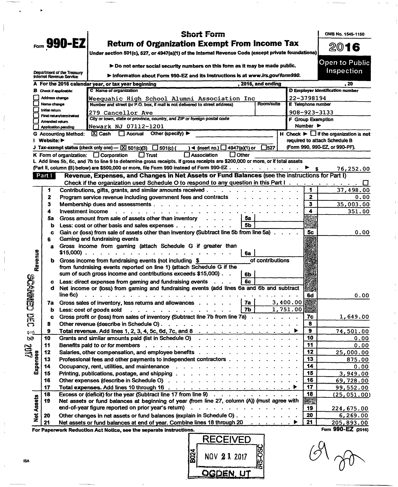 Image of first page of 2016 Form 990EZ for Weequahic High School Alumni Association