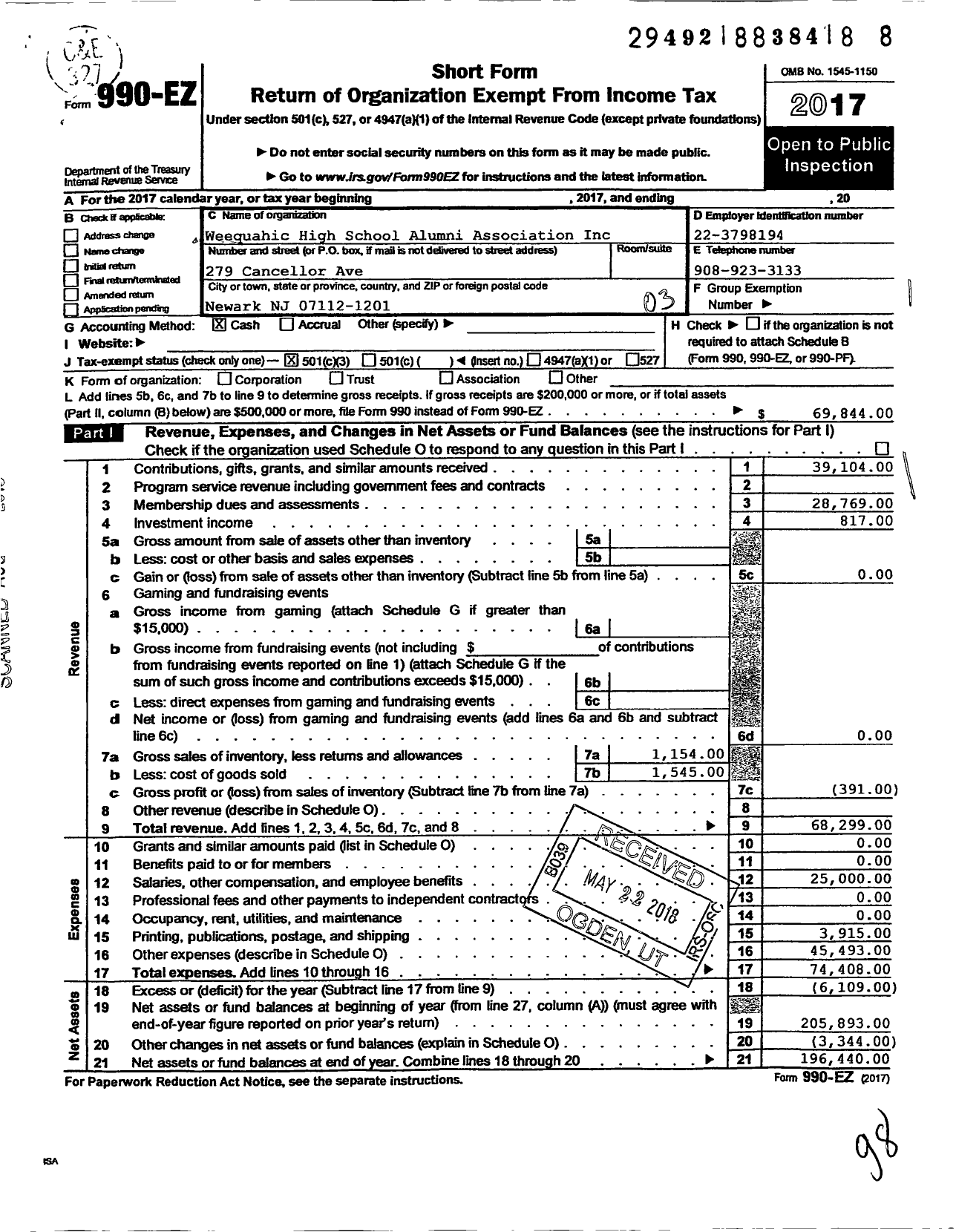 Image of first page of 2017 Form 990EZ for Weequahic High School Alumni Association