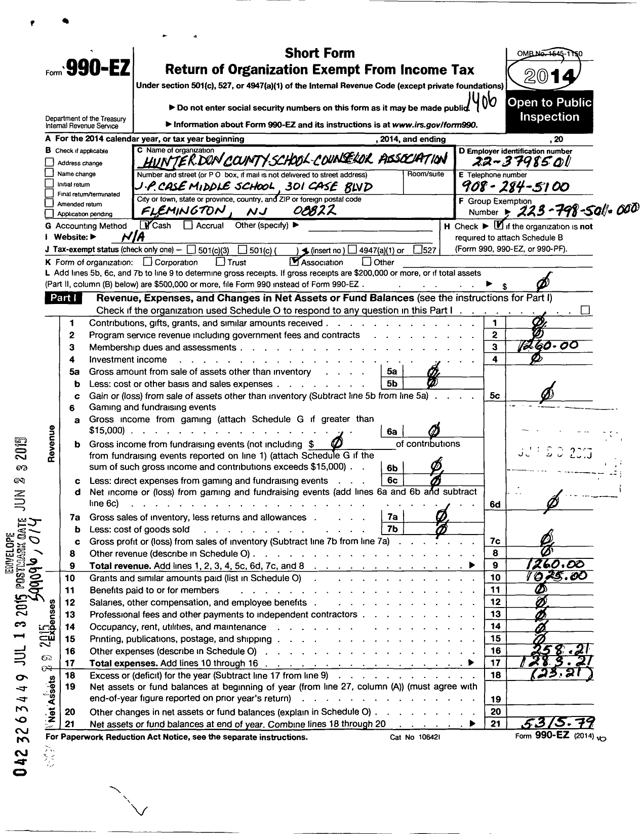 Image of first page of 2013 Form 990EO for Hunterdon County School Counselor Association