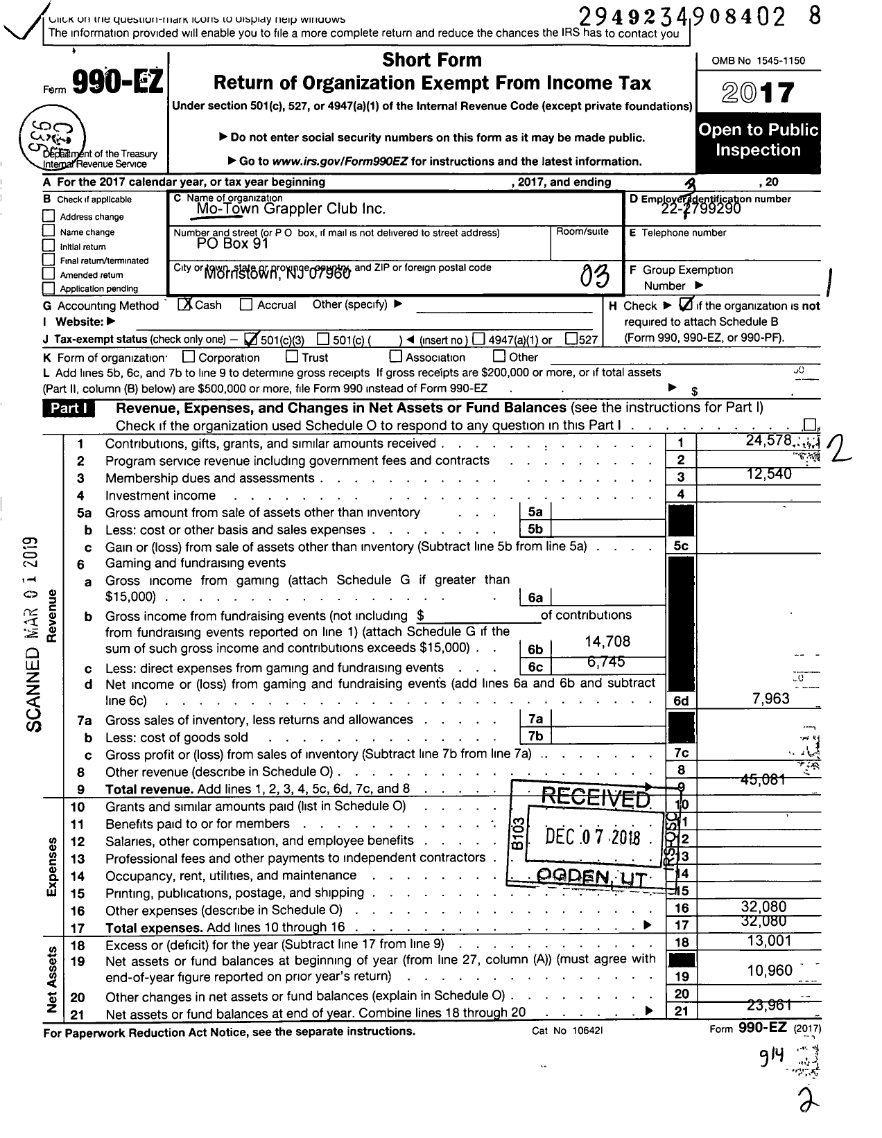 Image of first page of 2017 Form 990EZ for Mo-Town Grapplers Club