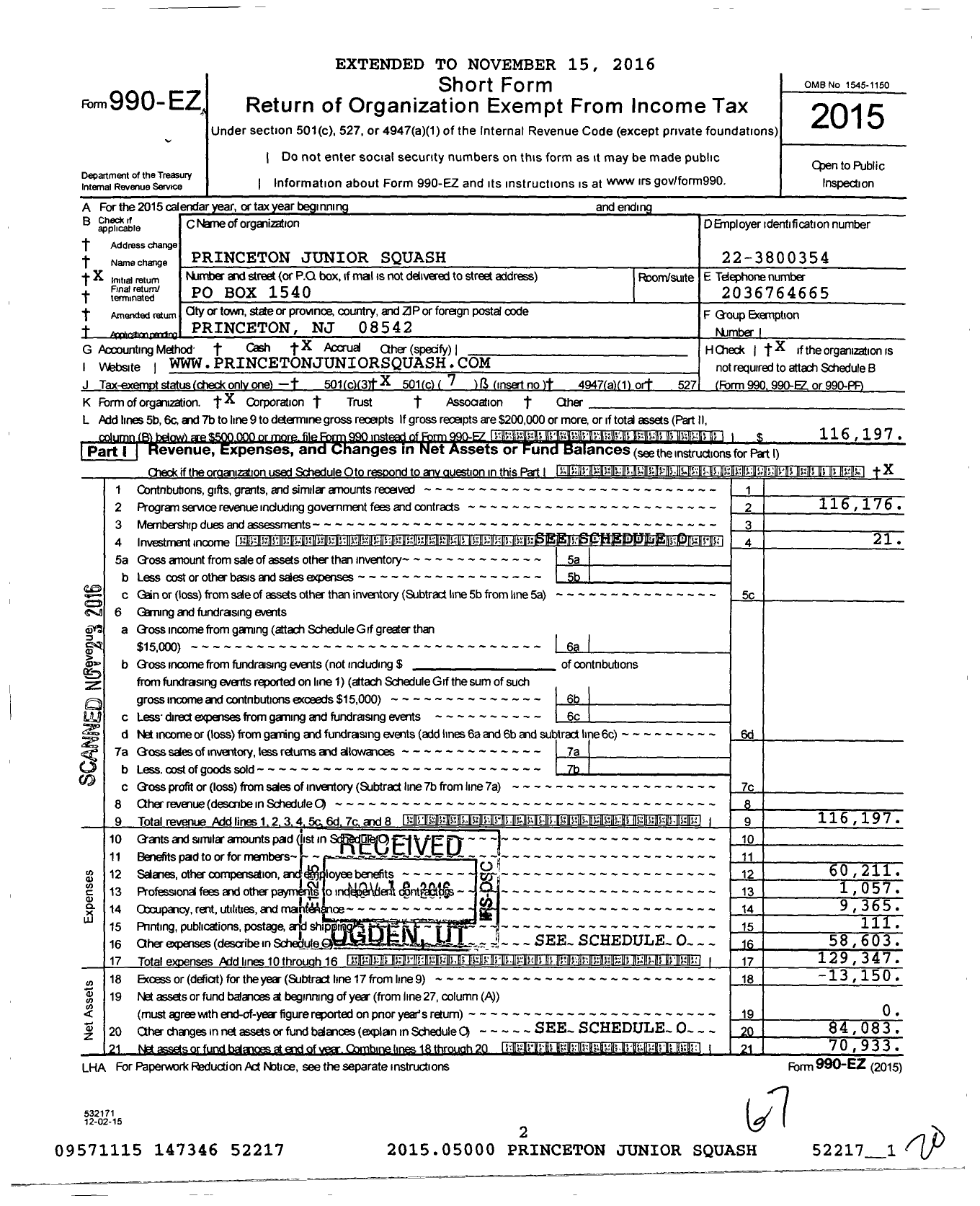 Image of first page of 2015 Form 990EO for Princeton Junior Squash