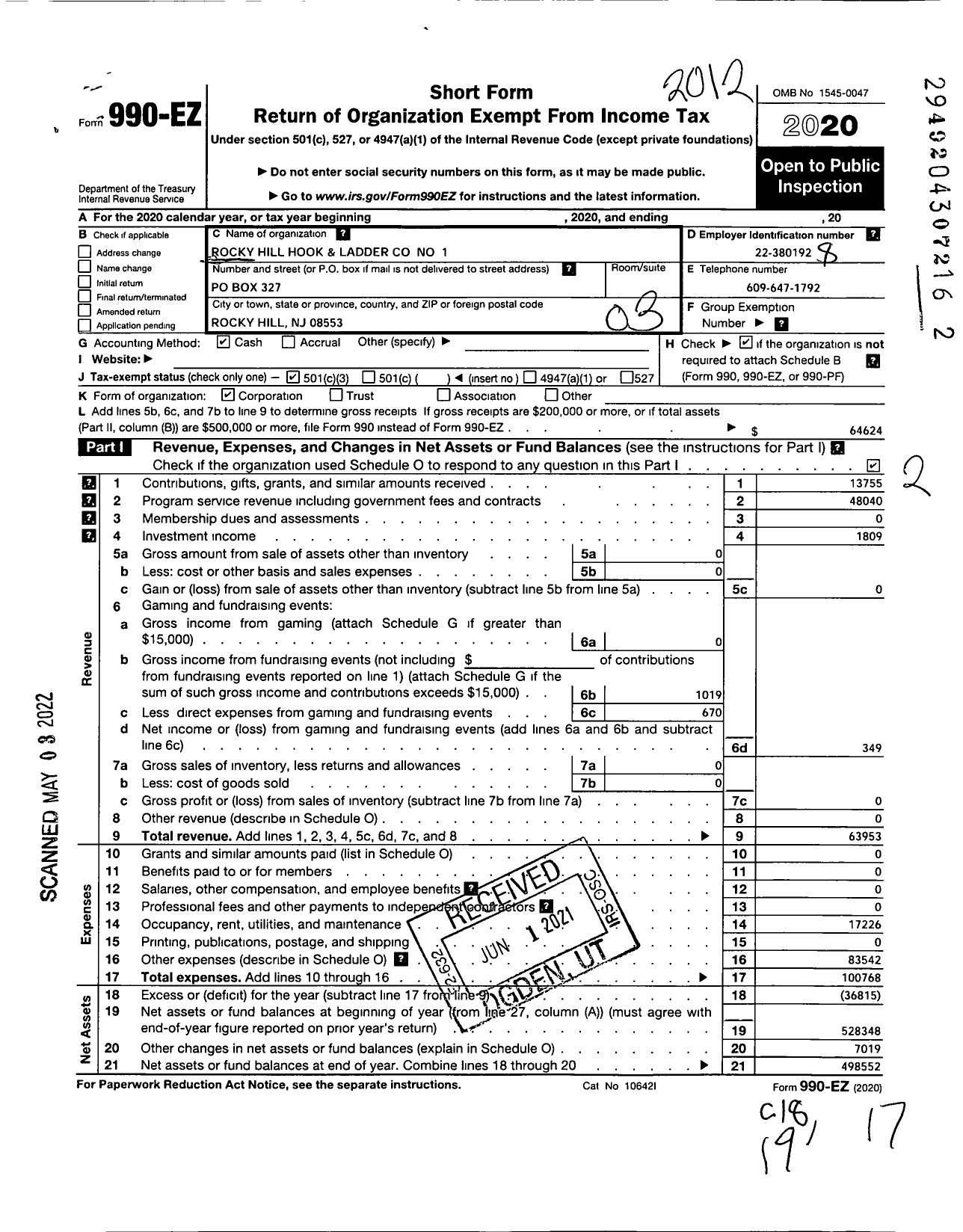 Image of first page of 2020 Form 990EZ for Rocky Hill Hook and Ladder No 1