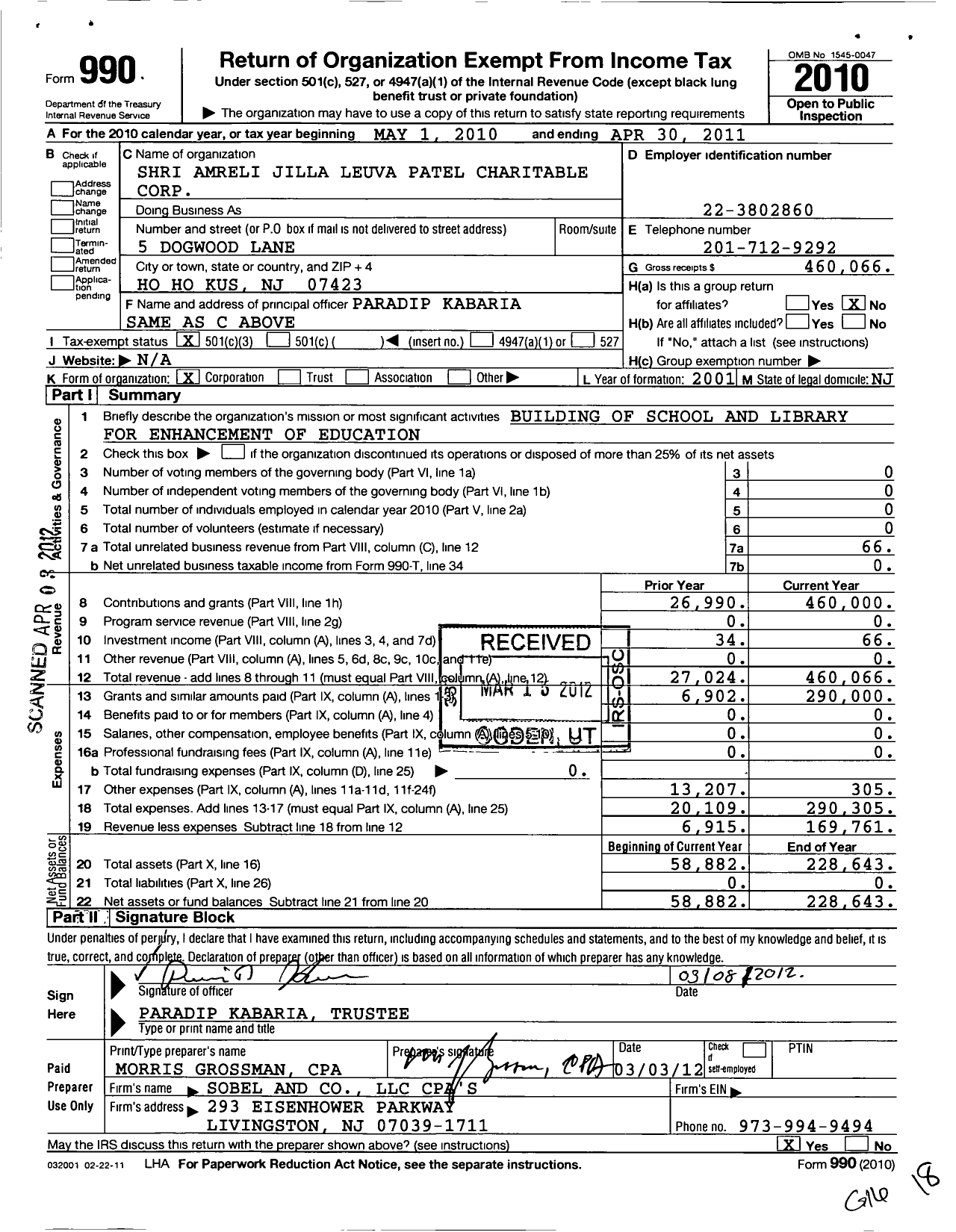 Image of first page of 2010 Form 990 for Shri Amreli Jilla Leuva Patel Charitable Corporation