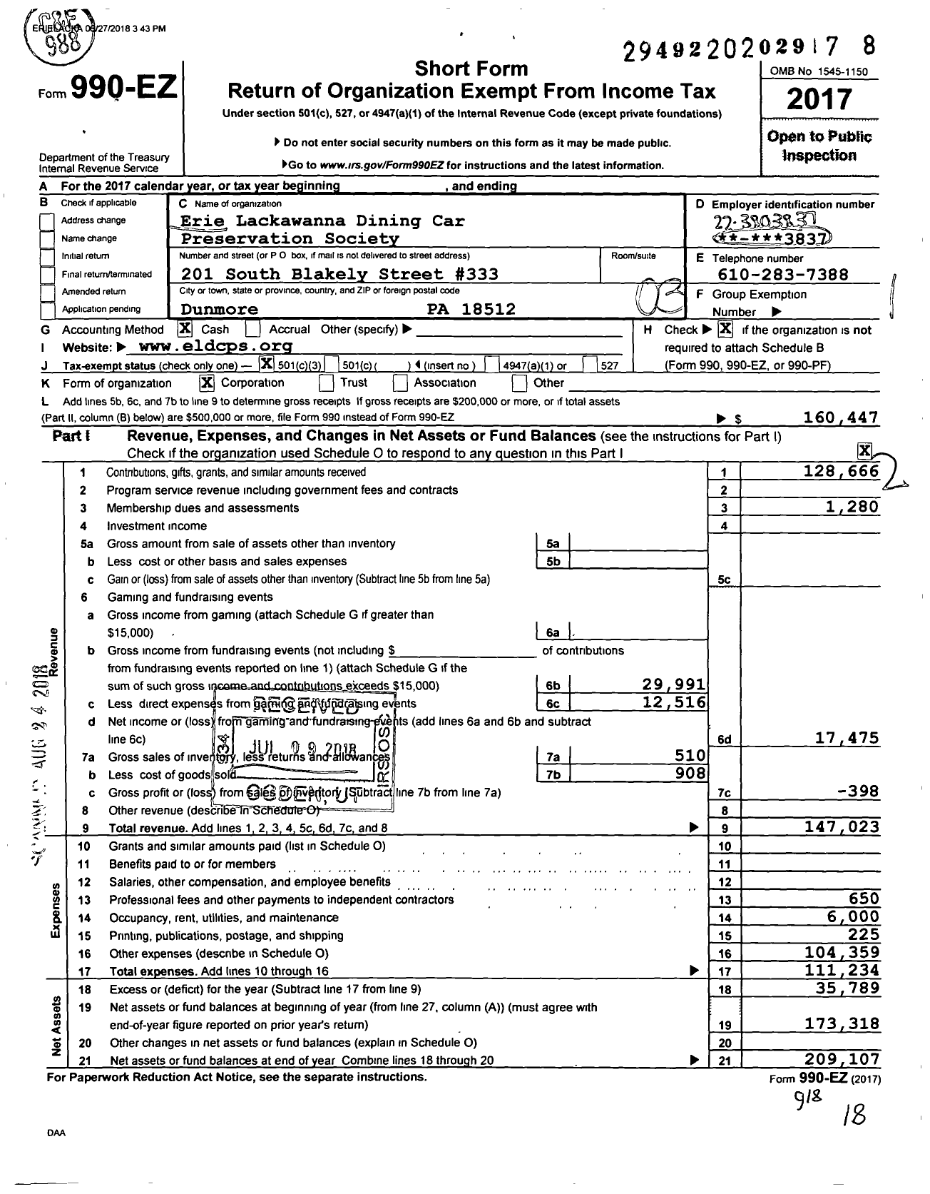 Image of first page of 2017 Form 990EZ for Erie Lackawanna Dining Car Preservation Society