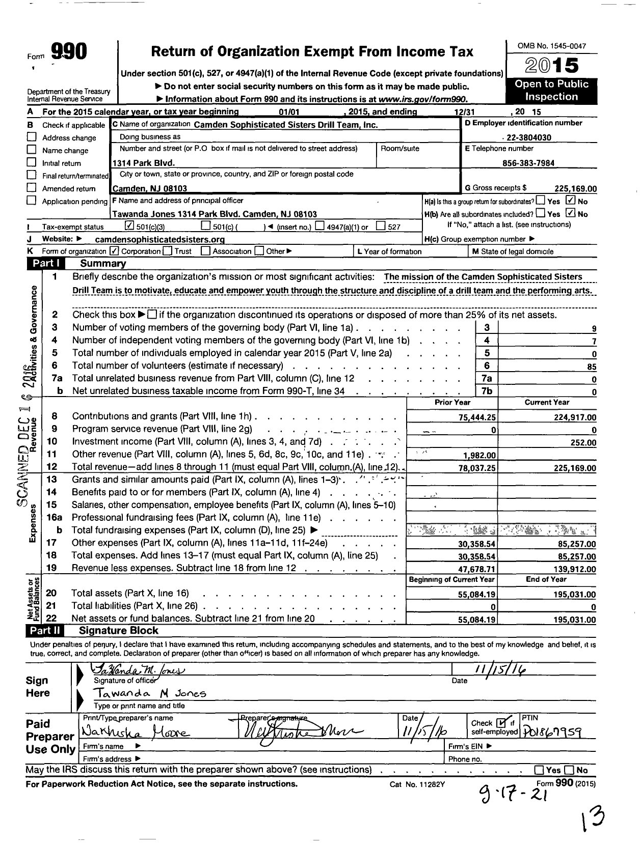 Image of first page of 2015 Form 990 for Camden Sophisticated Sisters Drill Team