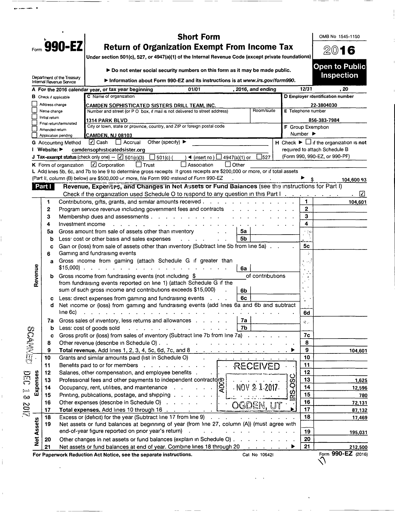 Image of first page of 2016 Form 990EZ for Camden Sophisticated Sisters Drill Team