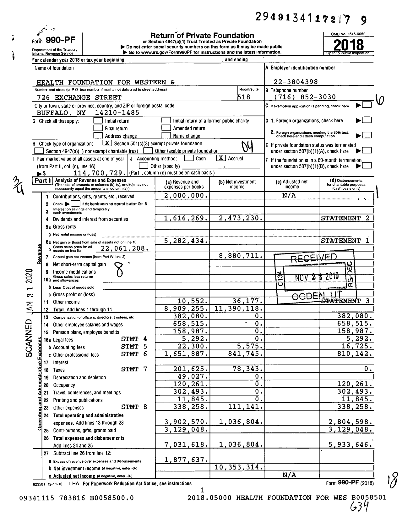 Image of first page of 2018 Form 990PF for Health Foundation for Western and Central New York