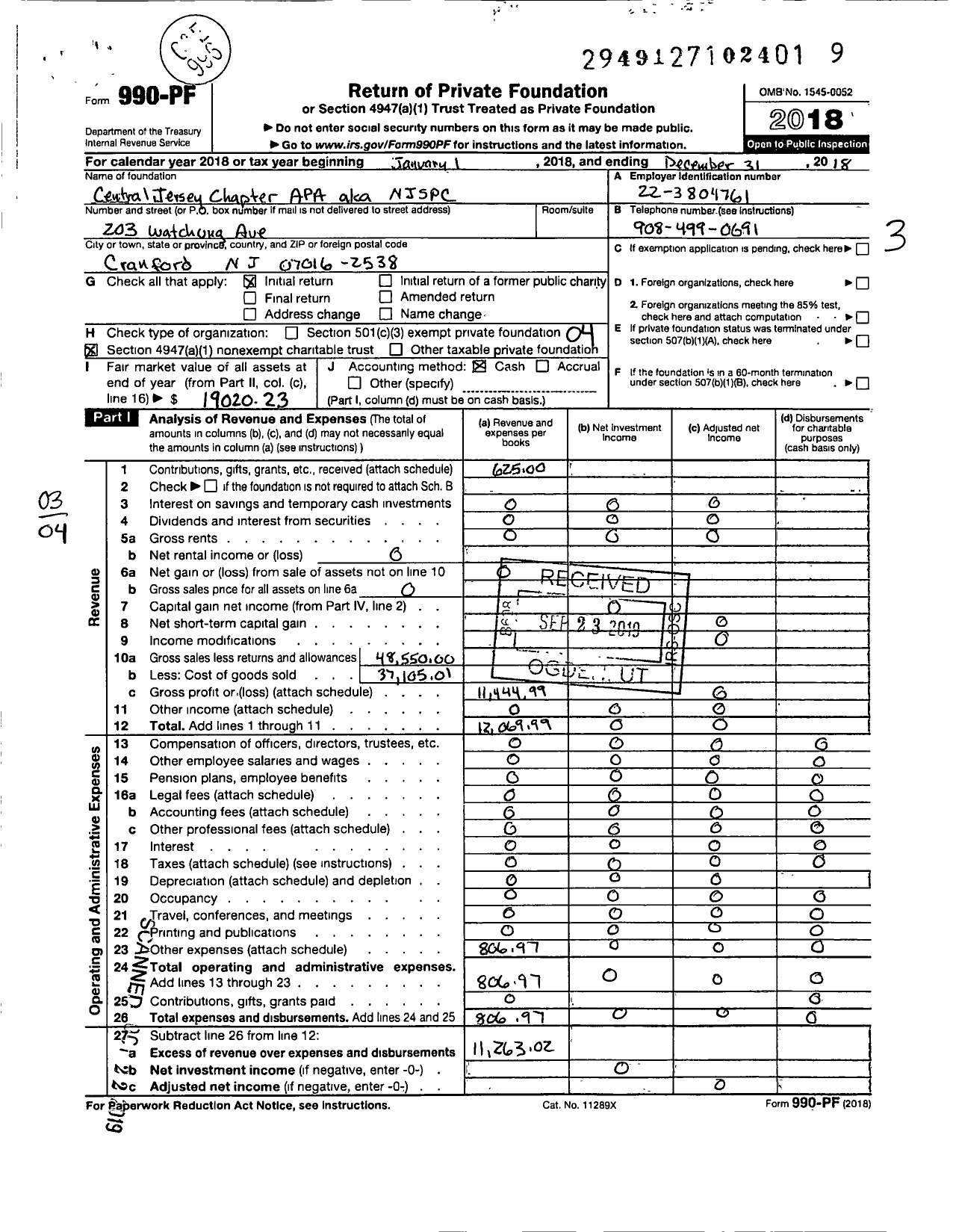 Image of first page of 2018 Form 990PF for Central Jersey Chapter Apa