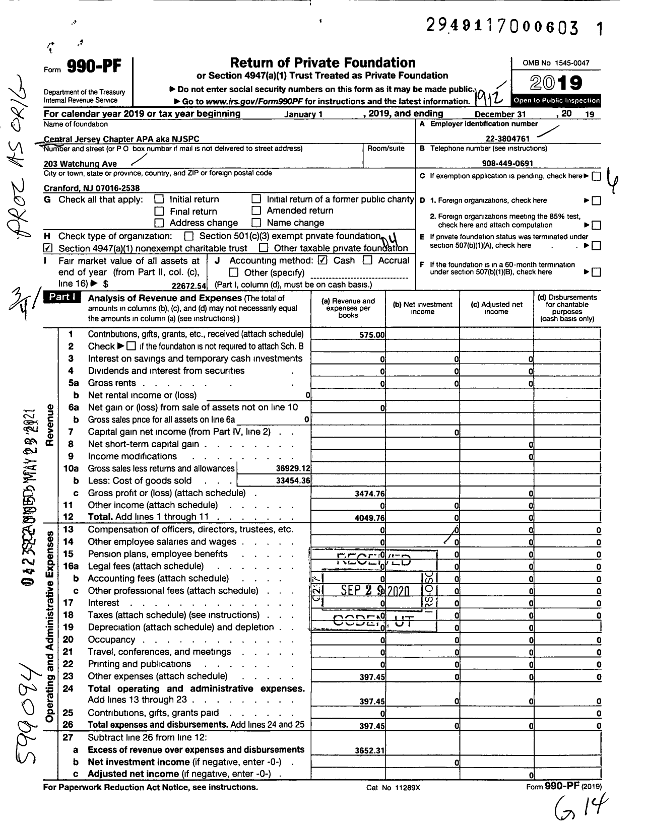 Image of first page of 2019 Form 990PF for Central Jersey Chapter Apa