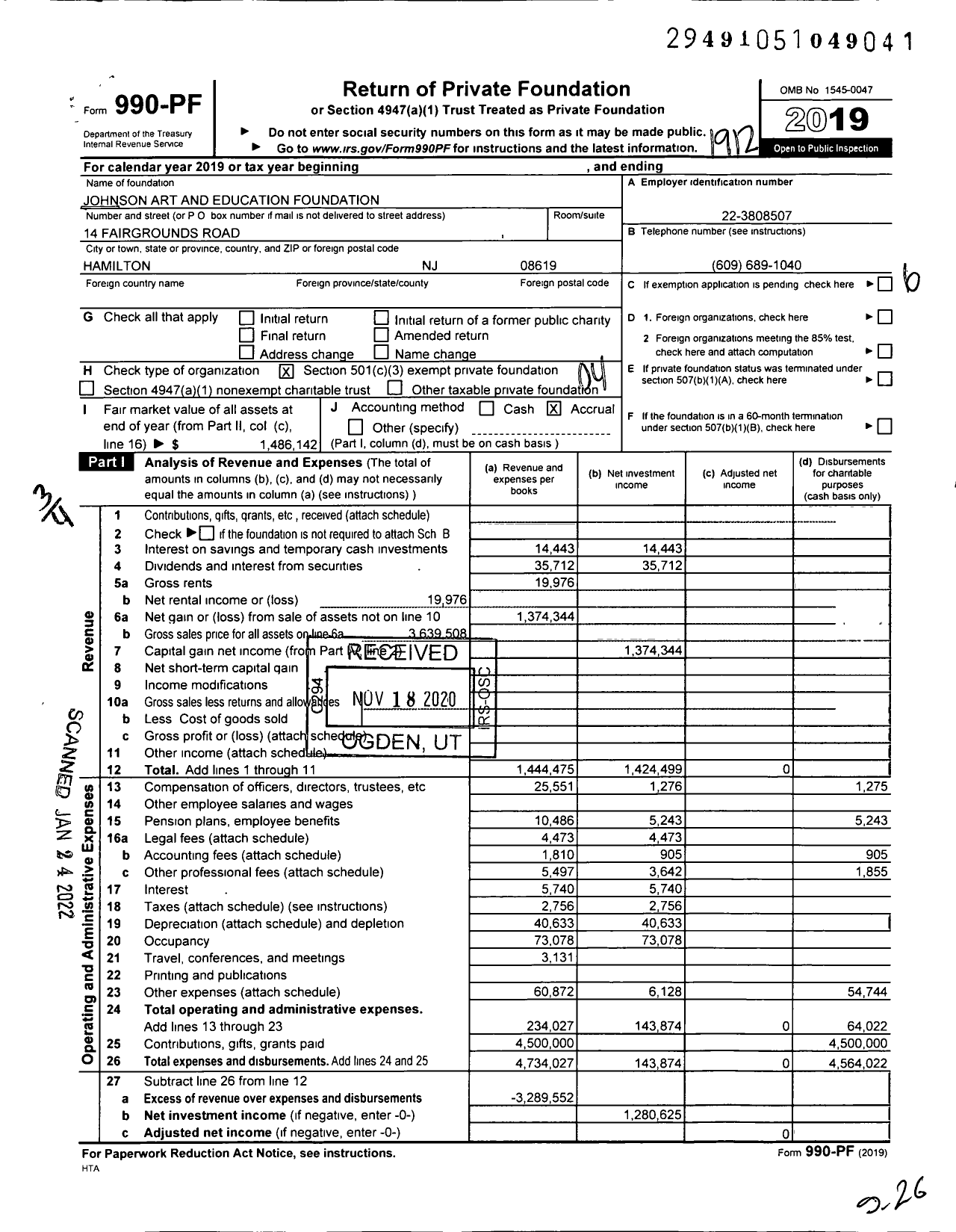 Image of first page of 2019 Form 990PF for Johnson Art and Education Foundation