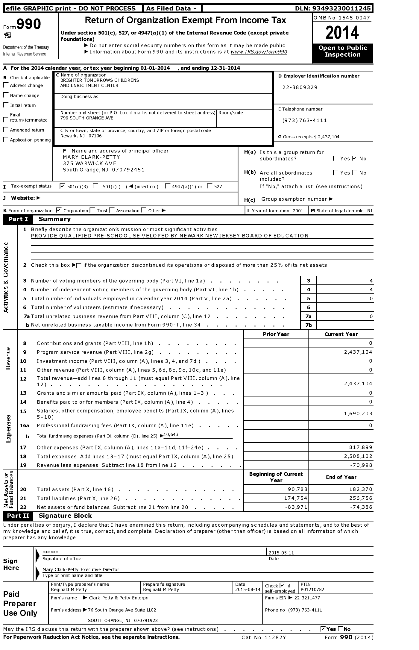 Image of first page of 2014 Form 990 for Brighter Tomorrows Childrens and