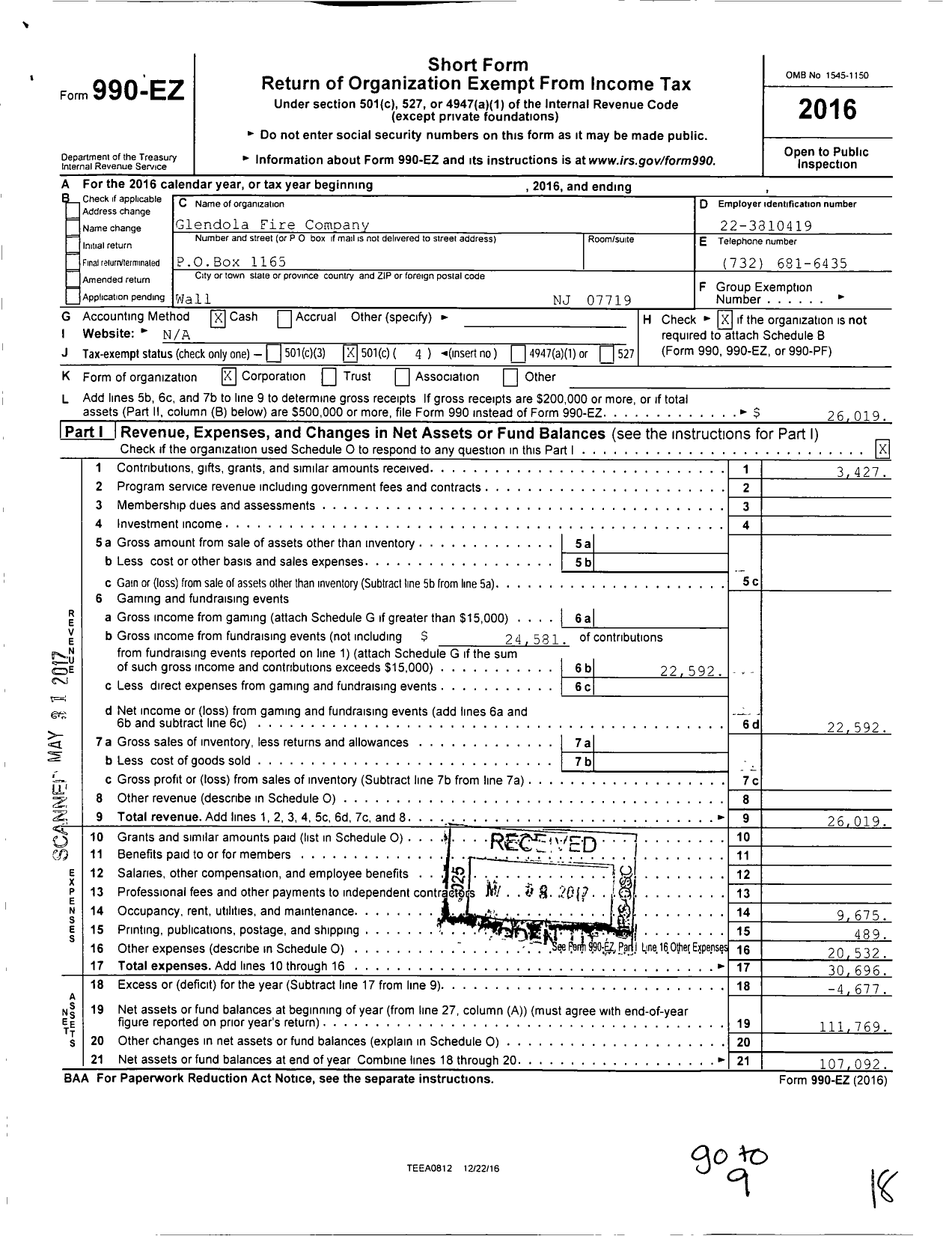 Image of first page of 2016 Form 990EO for Glendola Fire Company