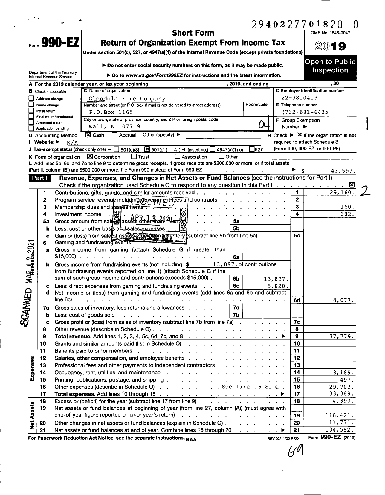 Image of first page of 2019 Form 990EO for Glendola Fire Company