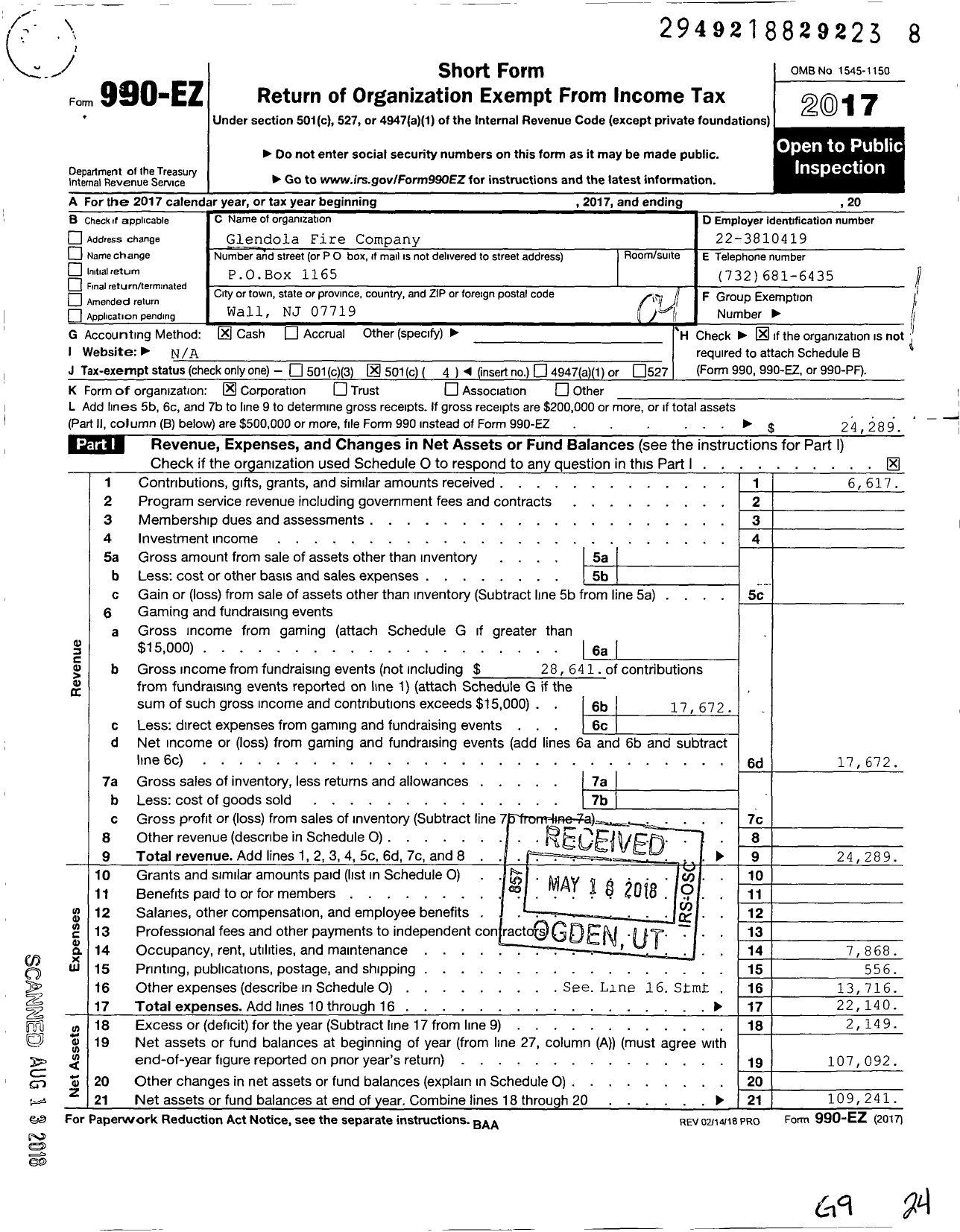 Image of first page of 2017 Form 990EO for Glendola Fire Company