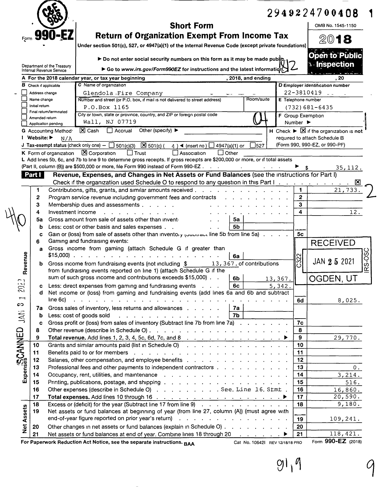 Image of first page of 2018 Form 990EO for Glendola Fire Company