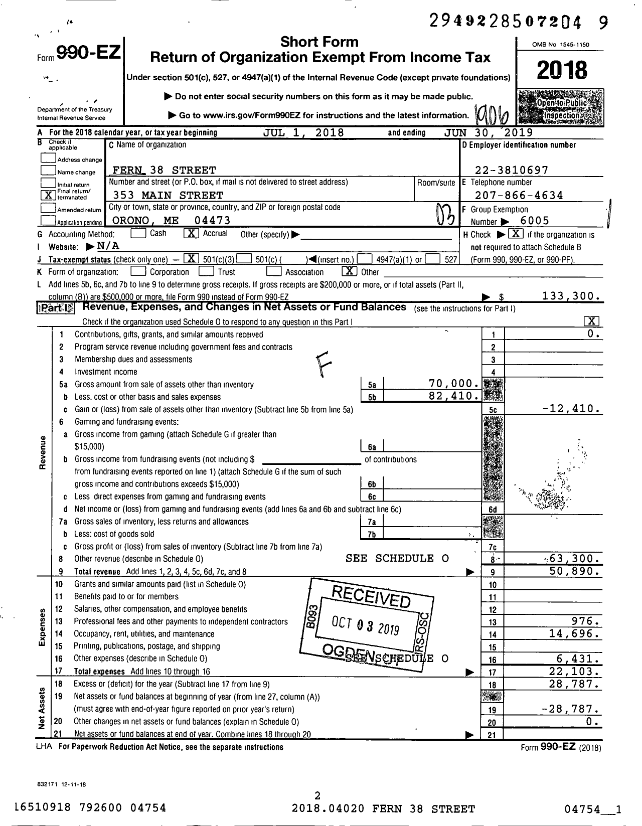 Image of first page of 2018 Form 990EZ for Housing Foundation - Fern 38 Street