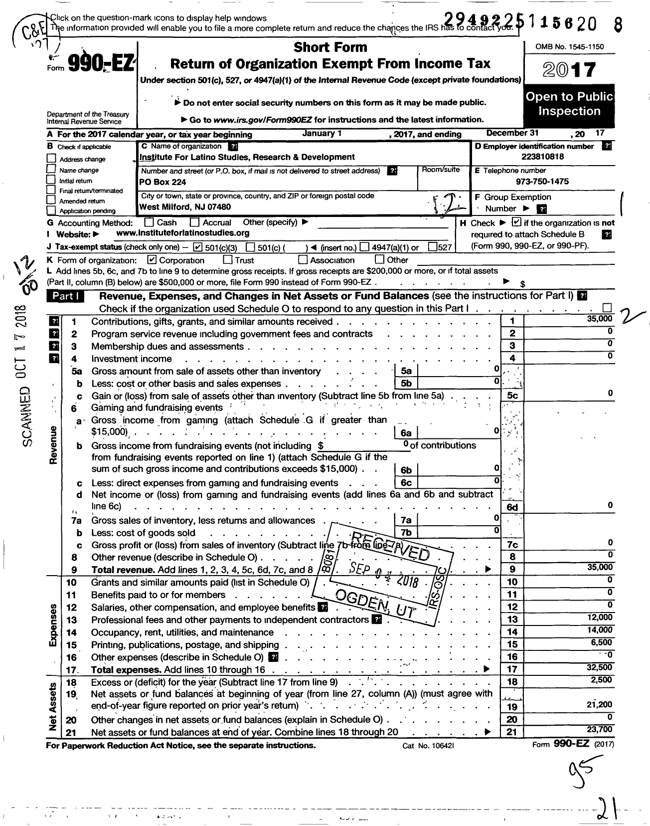 Image of first page of 2017 Form 990EO for The Great Commission Theological Institute