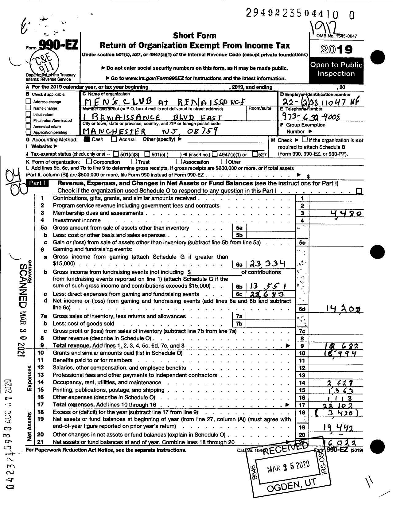 Image of first page of 2019 Form 990EO for Mens Club at Renaissance